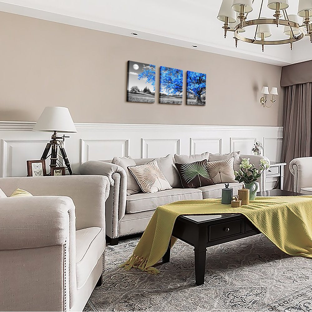 Wall Art For Living Room black and white Blue tree moon Canvas Wall Decor for Home artwork huge Painting 16" x 24" 3 Pieces Canvas Print For bedroom Decor Modern Salon kitchen office Hang a picture