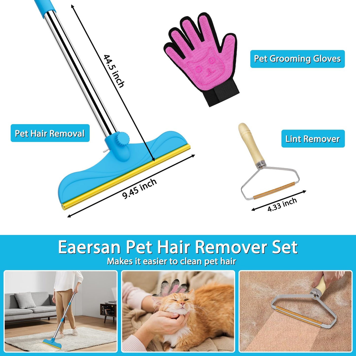 Eaersan 3 in 1 Carpet Rake Kit for Pet Hair Removal Tool - 45” Adjustable Long Handle Pet Hair Remover, Reusable Carpet Scraper Dog Cat Deep Hair Cleaner Remover Tool for Rugs, Mats, Couch, Furniture