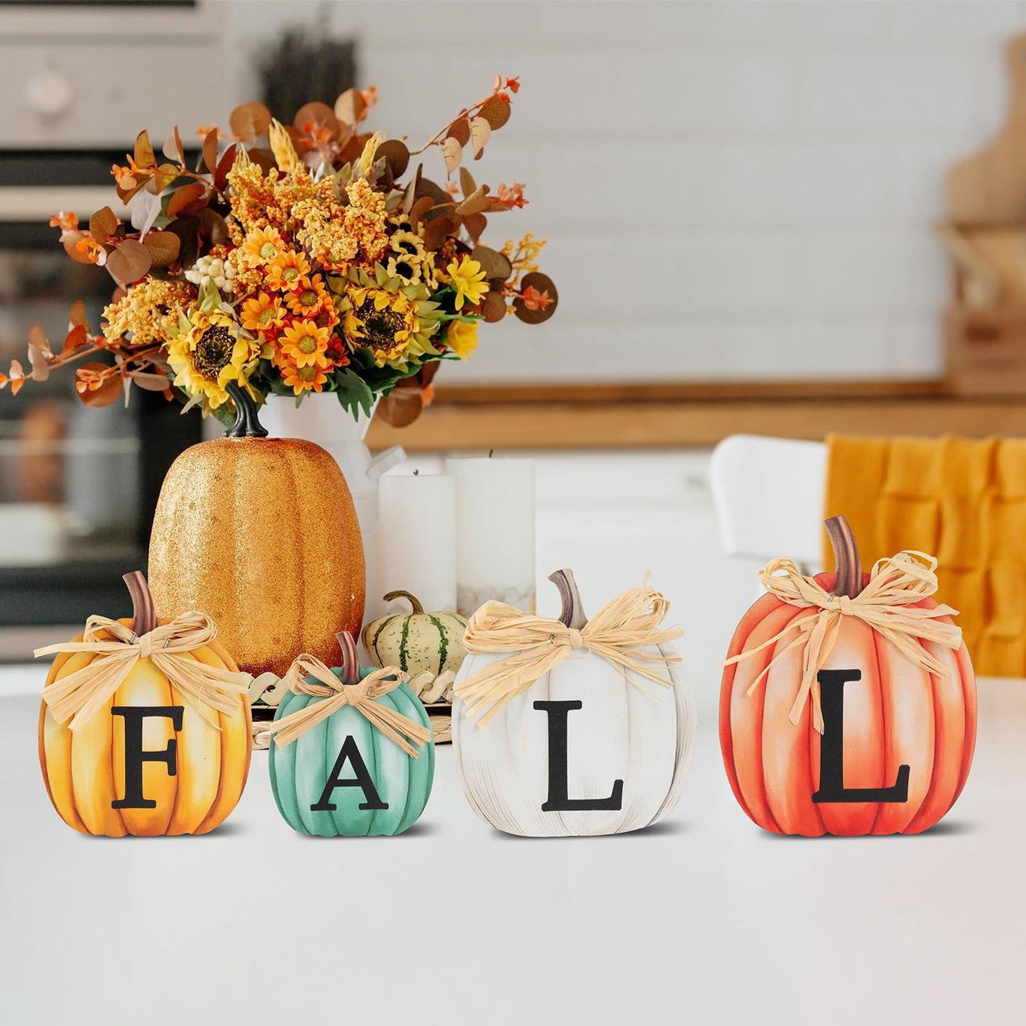 4 PCS Fall Pumpkin Wooden Signs Autumn Small Table Decoration Tiered Tray Pumpkin Tabletop Decor for Thanksgiving Home Kitchen Harvest Party Decor