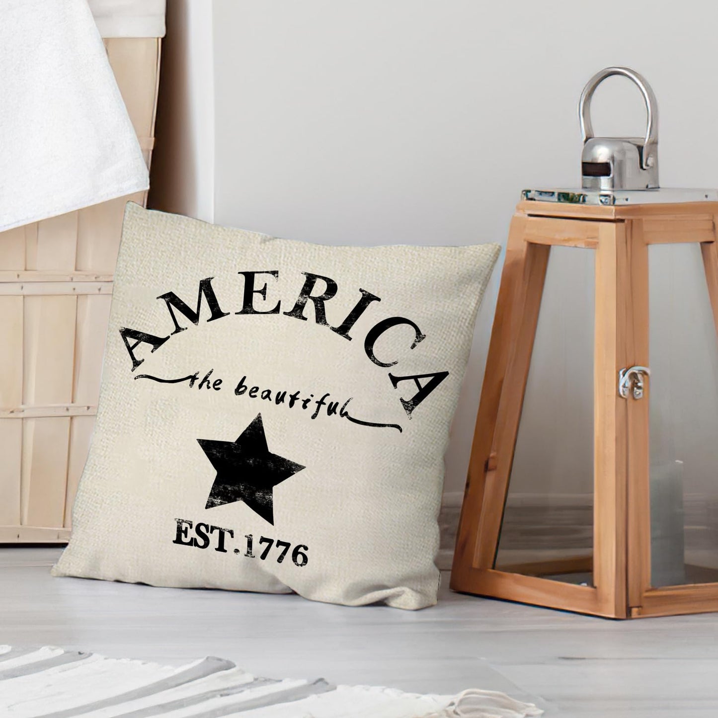 Fjfz July 4th Farmhouse Decorative Throw Pillow Cover America Est. 1776 Patriotic Sign Decoration Rustic Home Decor Cotton Linen Cushion Case for Sofa Couch, 18" x 18"