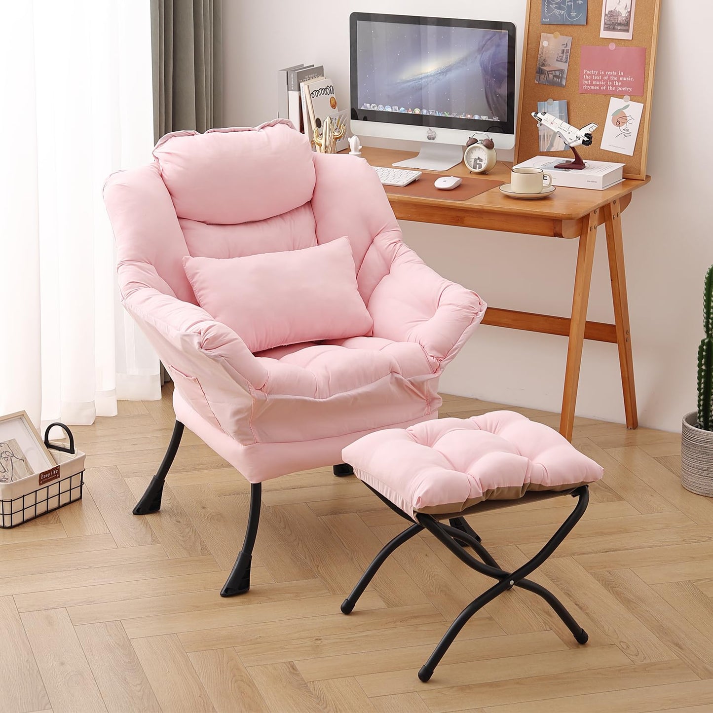 DreamNook Lazy Chair with Ottoman, Modern Accent Chair with Lumbar Pillow, Comfy Chairs with Folding Footrest for Bedroom, Reading, Oversized Supportive Lounge Chairs(Pink)