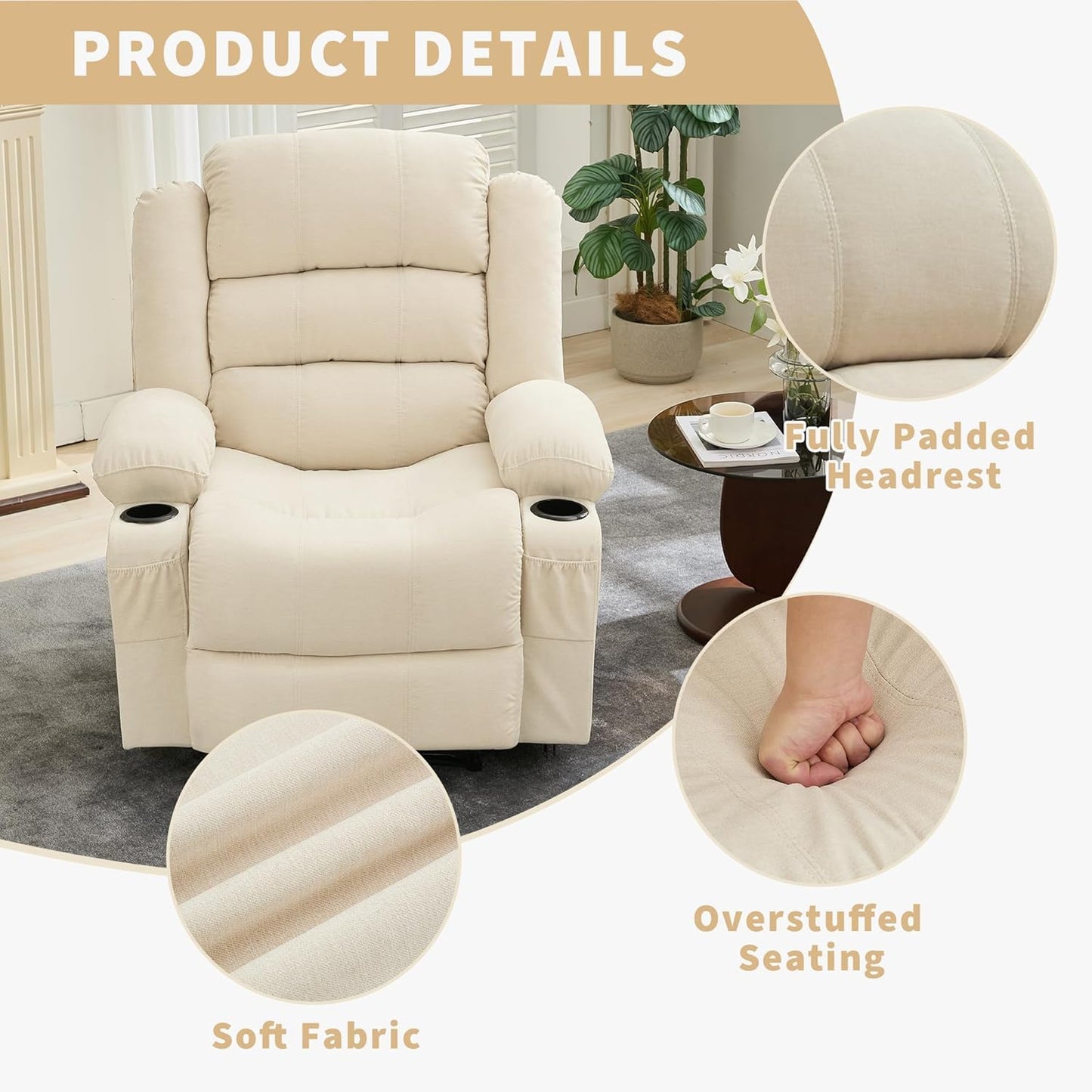 Massage Rocker Recliner Chair, Ergonomic Rocking Lounge Chair with Heat and Vibration for Living Room, Reclining Sofa with 2 Side Pocket, 2 Cup Holders（White）