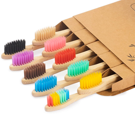 Biodegradable Bamboo Toothbrushes, 10 Piece BPA Free Soft Bristles Toothbrushes, Natural, Eco-Friendly, Green and Compostable