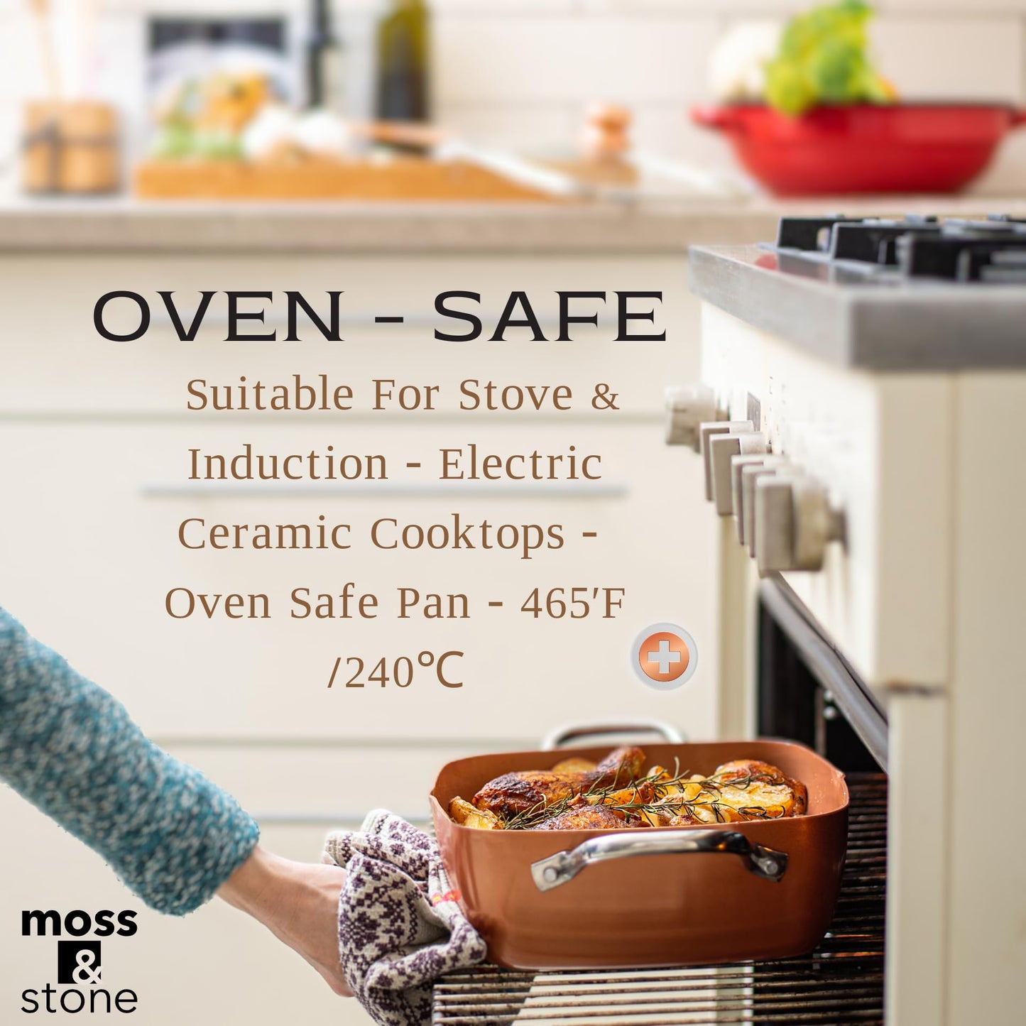 Moss & Stone 7 Pcs Copper Pots And Pans Set, Copper Chef Cookware Non Stick, Square Copper Pans for Cooking, Round Copper Pot & Fry Basket, Oven Safe 5 Quart Deep Frying Pan, Induction Cookware Set