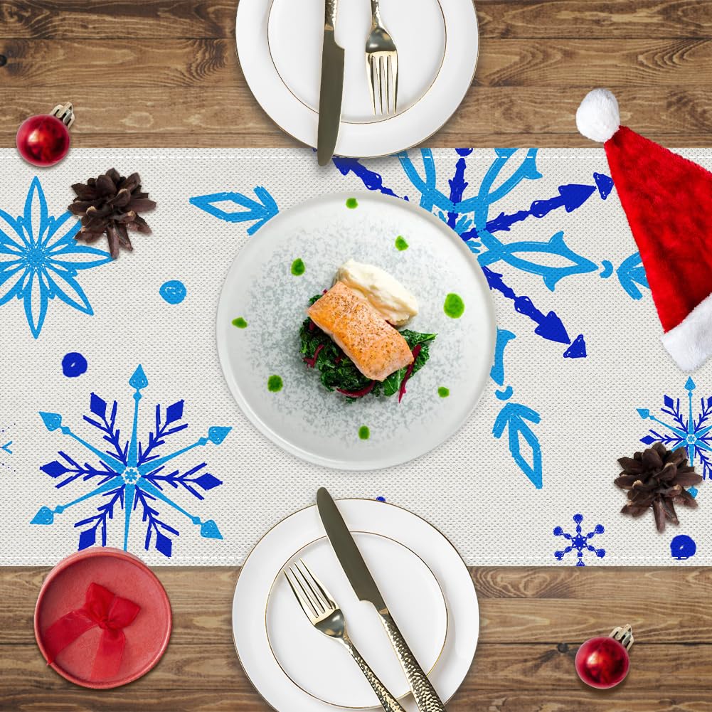 Labeol Snowflake Table Runner, 72x13 Inch White and Blue Christmas Table Runner for Christmas Party Kitchen Dinner Decor (Blue)