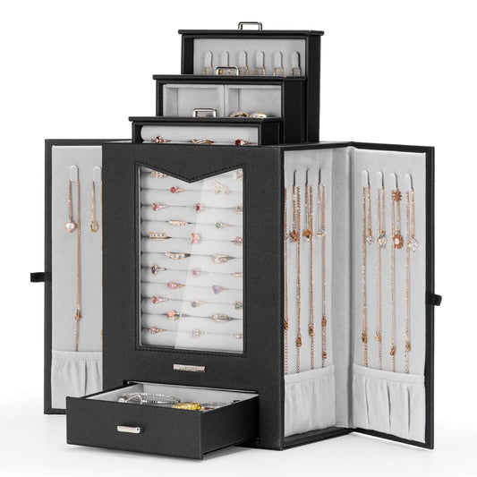 Homde Jewelry Organizer with Transparent Window Necklace Hooks Gift for Women Jewelry Box Display Case for Necklaces Rings Earrings Bracelets and Other Accessories (Black)