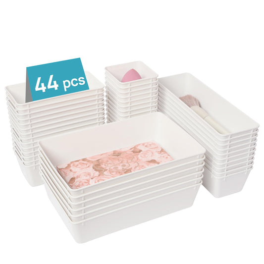 Vtopmart 44 PCS Clear Plastic Drawer Organizers Set, 4-Size Versatile Bathroom and Vanity Organizer Trays, Non-Slip Storage Containers for Makeup, Jewelries, Bedroom，Kitchen Utensils and Office