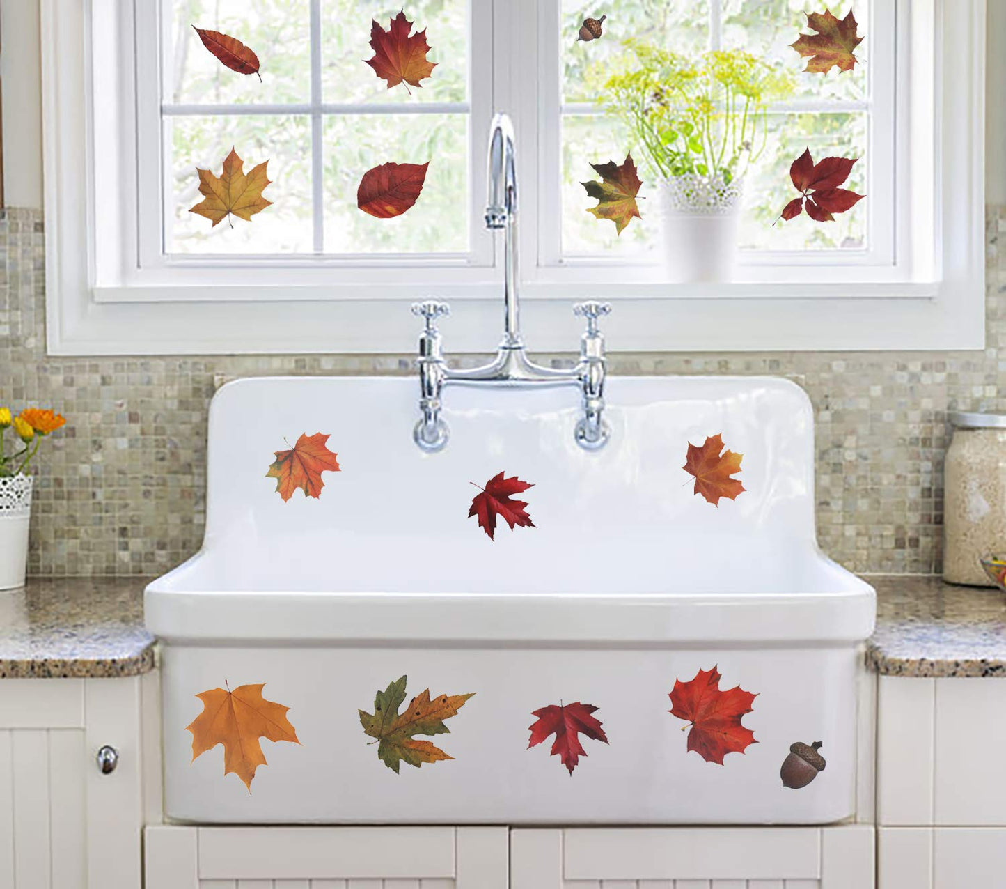 CCINEE 216pcs Maple Window Clings 6 Sheets Fall Leaves Assorted Maple Oak Leaves Acorns Window Stickers for Autumn Thanksgiving Halloween Seasonal Holiday Glass Window Decorations