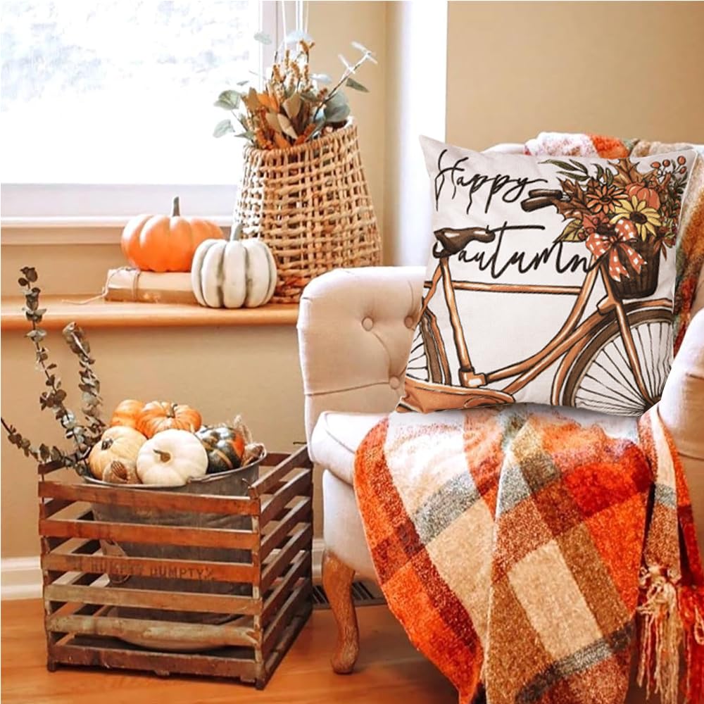 Heirloom Haven 4pcs Hello Fall Pumpkin Throw Pillow Covers 18x18, Autumn Thanksgiving Buffalo Plaid Polka Dots Floral Bicycle Outdoor Home Decor Cushion Cases Seasonal Pillow Cases for Sofa Couch