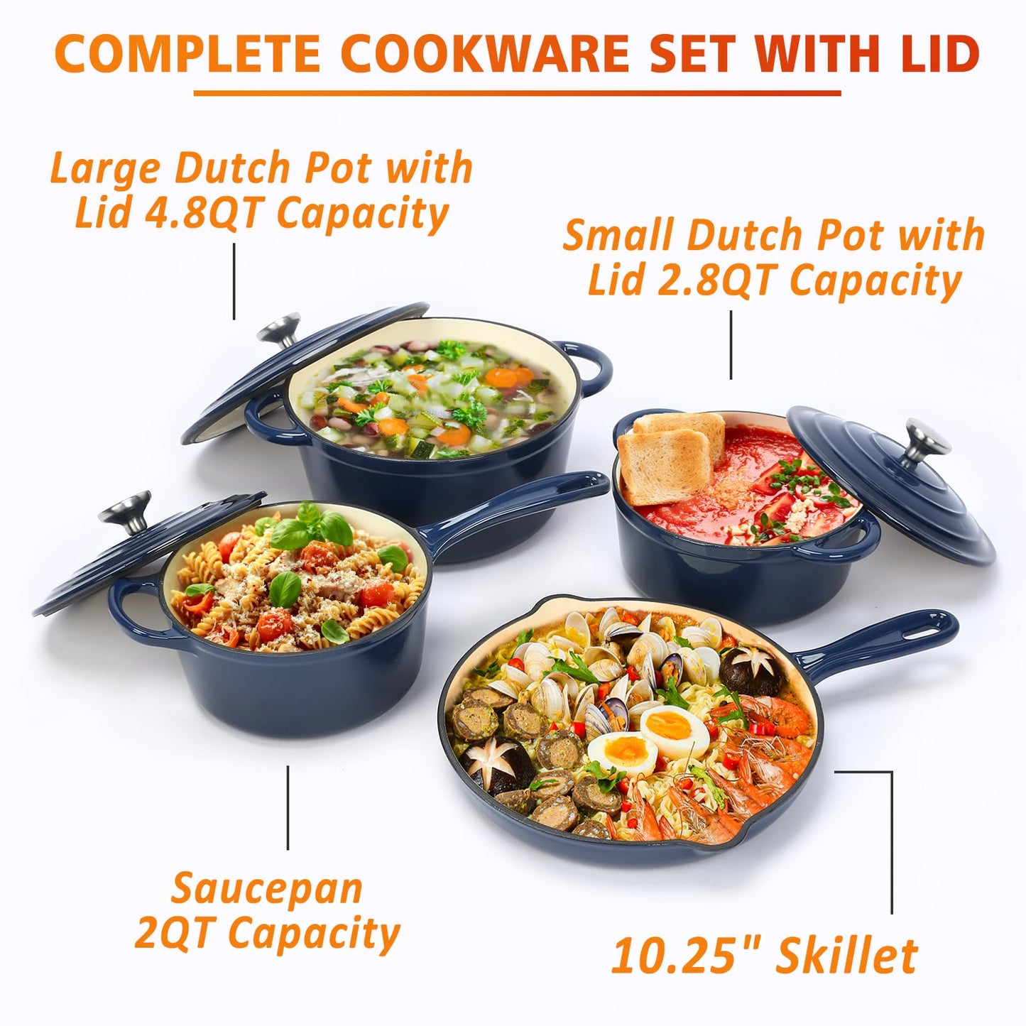 Hisencn 7 Piece Enameled Cast Iron Cookware Set, Pots And Pans Set, Ceramic Cookware Set, 2.25QT/4.75QT Cast Iron Dutch Oven, 10.25” Skillets, 2QT Pot, Suitable For All Stoves, PFA Free, Navy