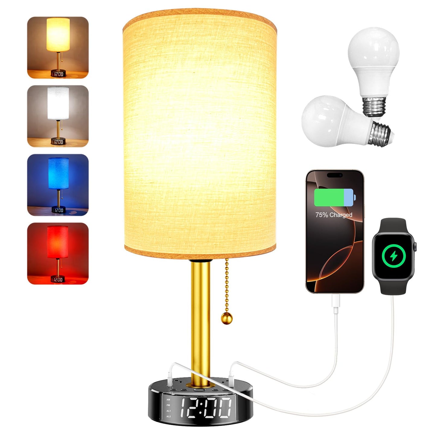 Bedside Desk Lamp for Bedroom, Table Lamp with USB A & USB C Fast Charging Ports & 2 AC Power Outlets, Alarm Clock Base, Round Black Fabric Lampshade Modern Nightstand Lamp for Living Room Home Office