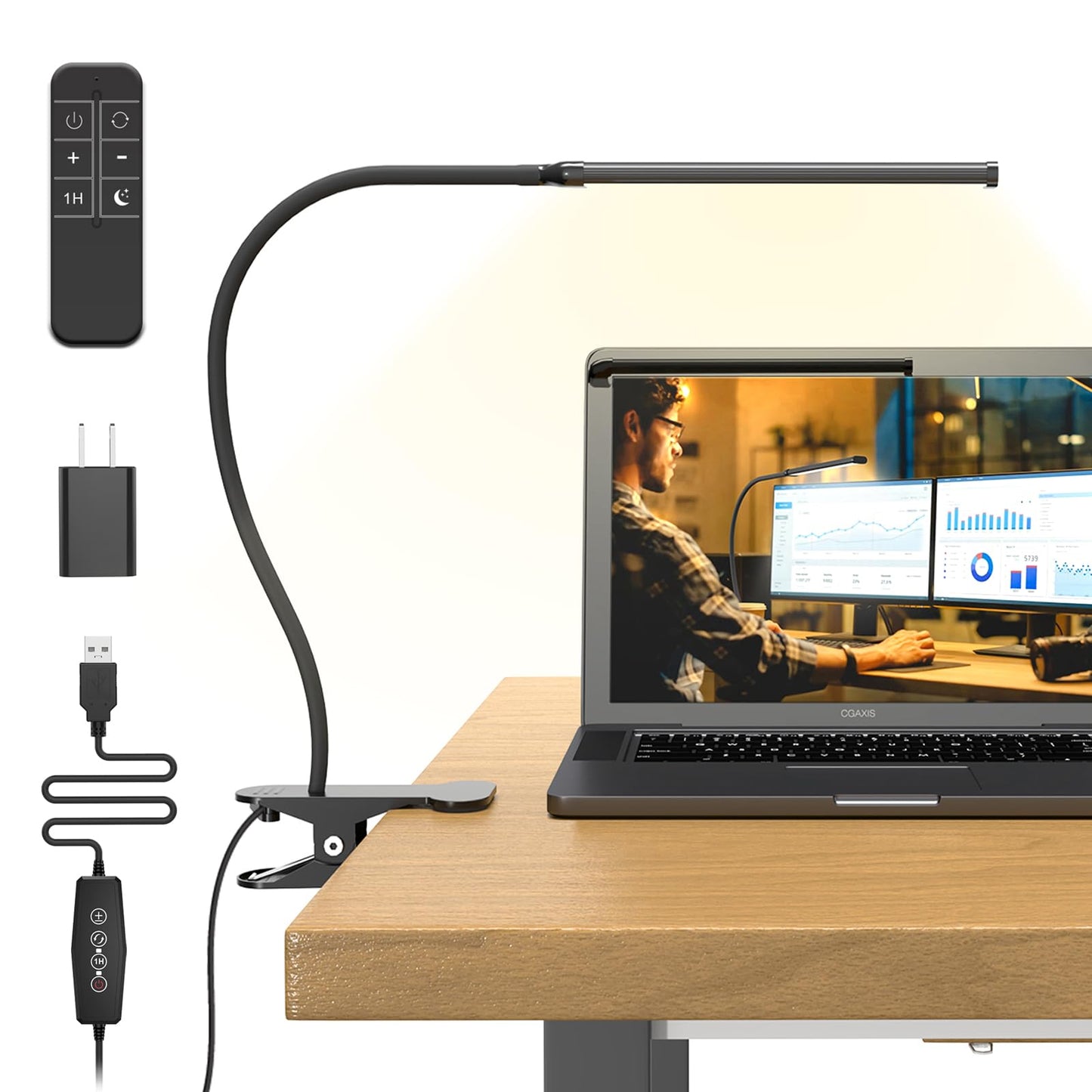 Mojimdo Desk Lamp with Remote, 3 Color & 5 Brightness & 77LED Dimmable Reading Lamp, 15.7'' Flexible Gooseneck Clamp Lamp, Eye-Caring Clip on Light with Adapter for Reading Study Workbench Drafting