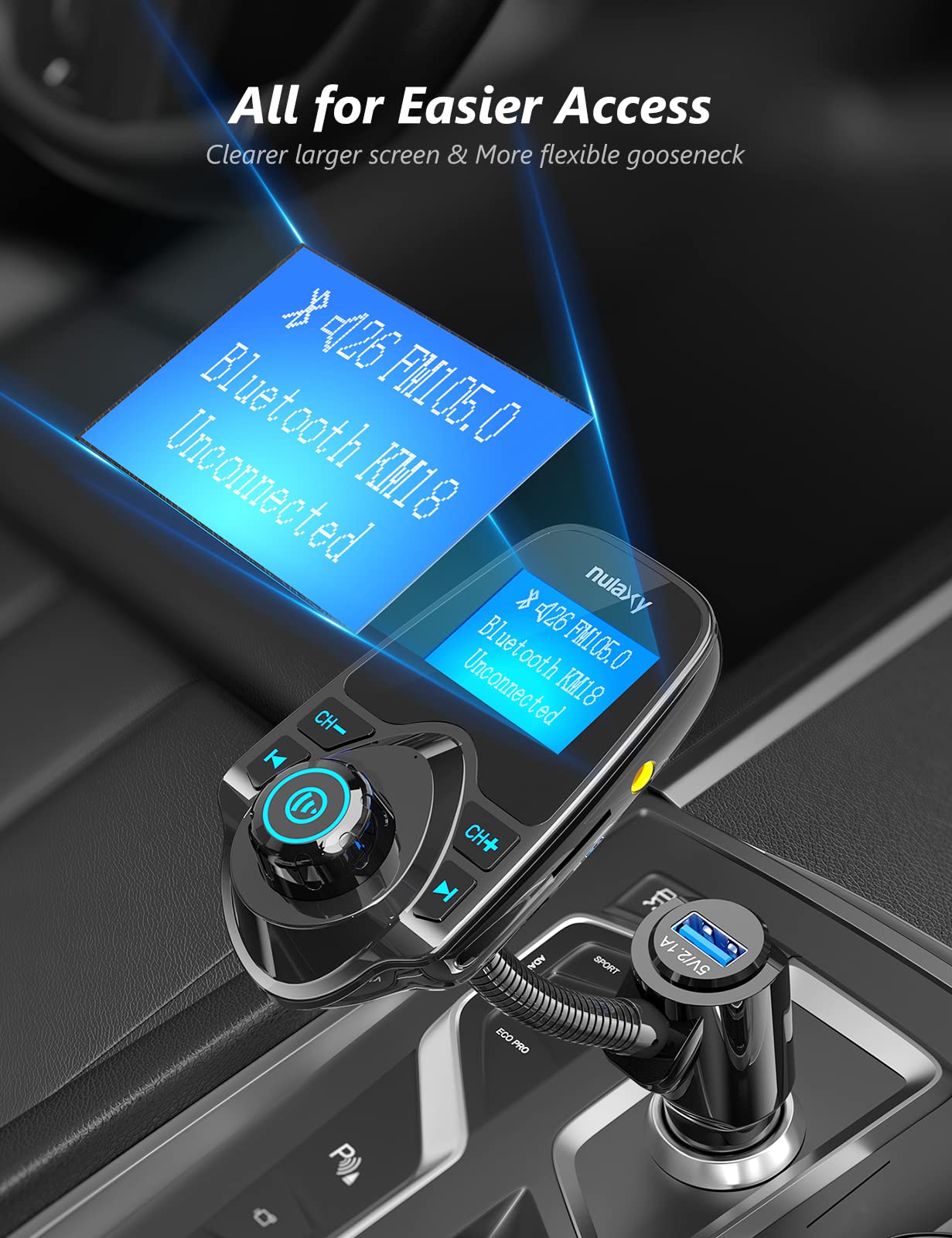 Nulaxy Car Bluetooth FM Transmitter [2024 Upgraded], 1.44" Display Flexible Gooseneck, Handsfree Call Wireless Music Stereo Audio Player Radio Adapter Car Kit USB Phone Charger, TF SD Card AUX-KM18