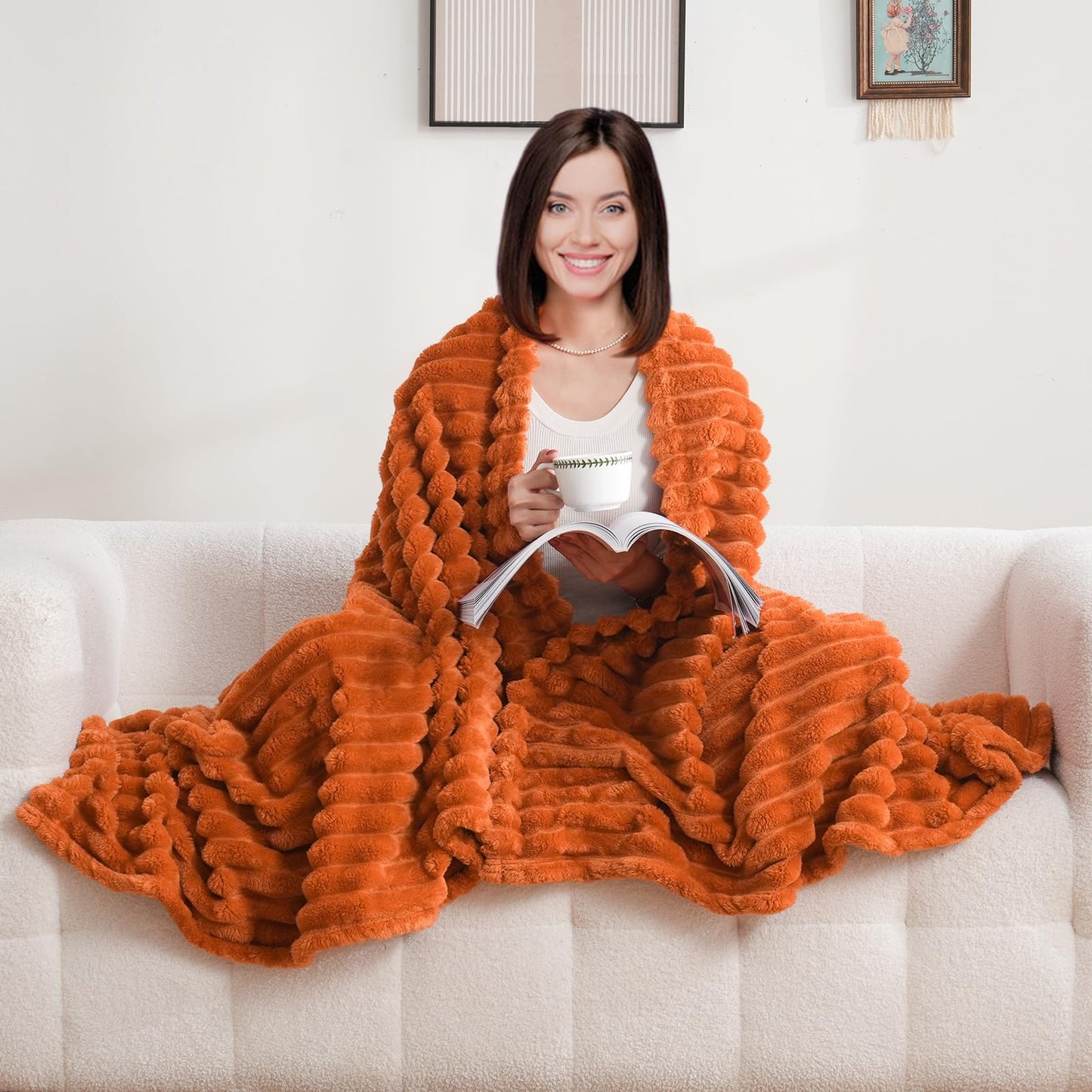 Excervent Solid Striped Flannel Fleece Blanket (50x70 inches, Burnt Orange) Cozy Throw Blankets for Couch Sofa and Bed, Super Soft Luxurious Warm Blankets for Household Living Room Bedroom