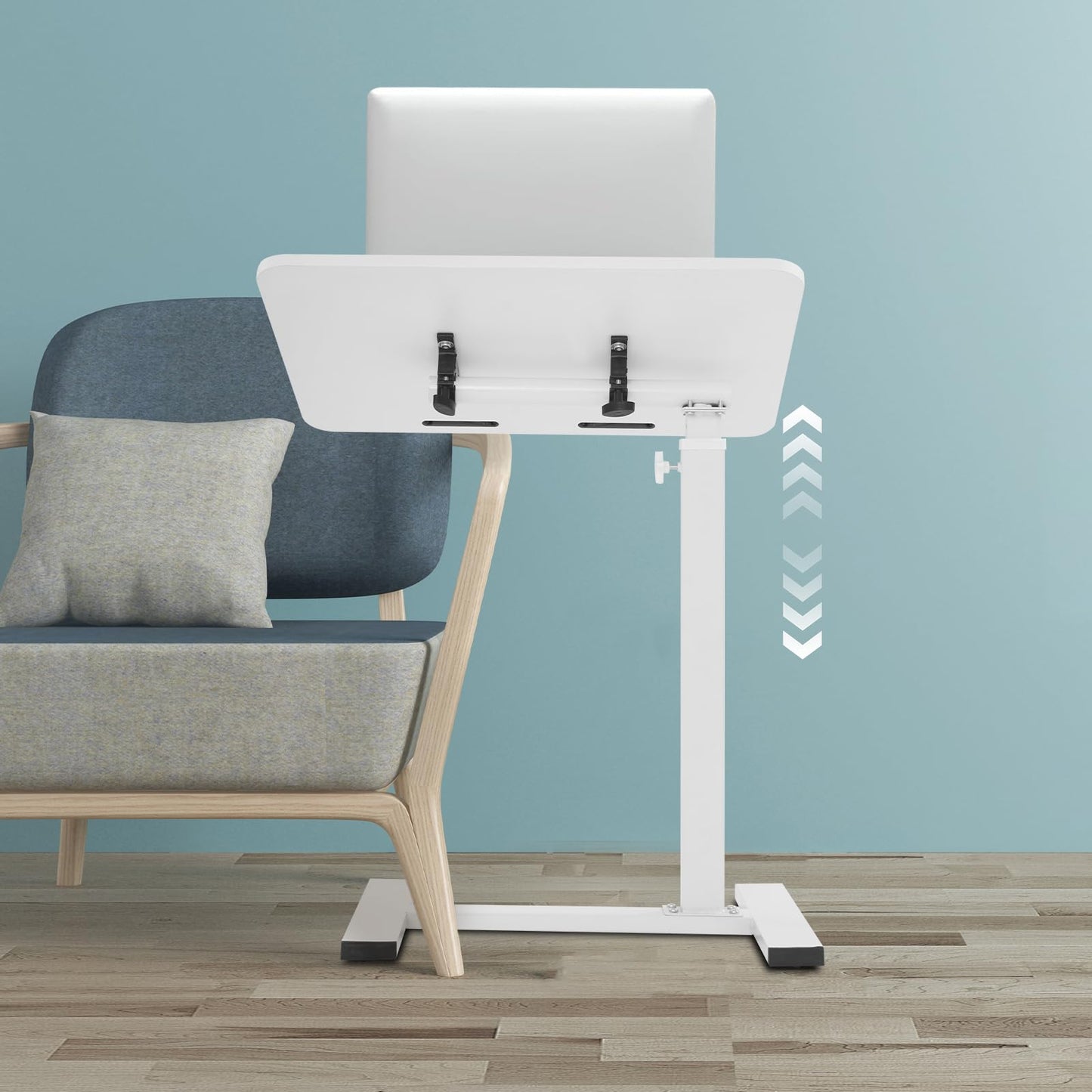 Adjustable Overbed Side Table with Wheels, C Shaped Laptop Desk, Mobile Standing Computer Tray Tables, Rolling 180°Swivel Top Flip Laptop Stand Table for Sofa and Bed, Home Office Use (White)