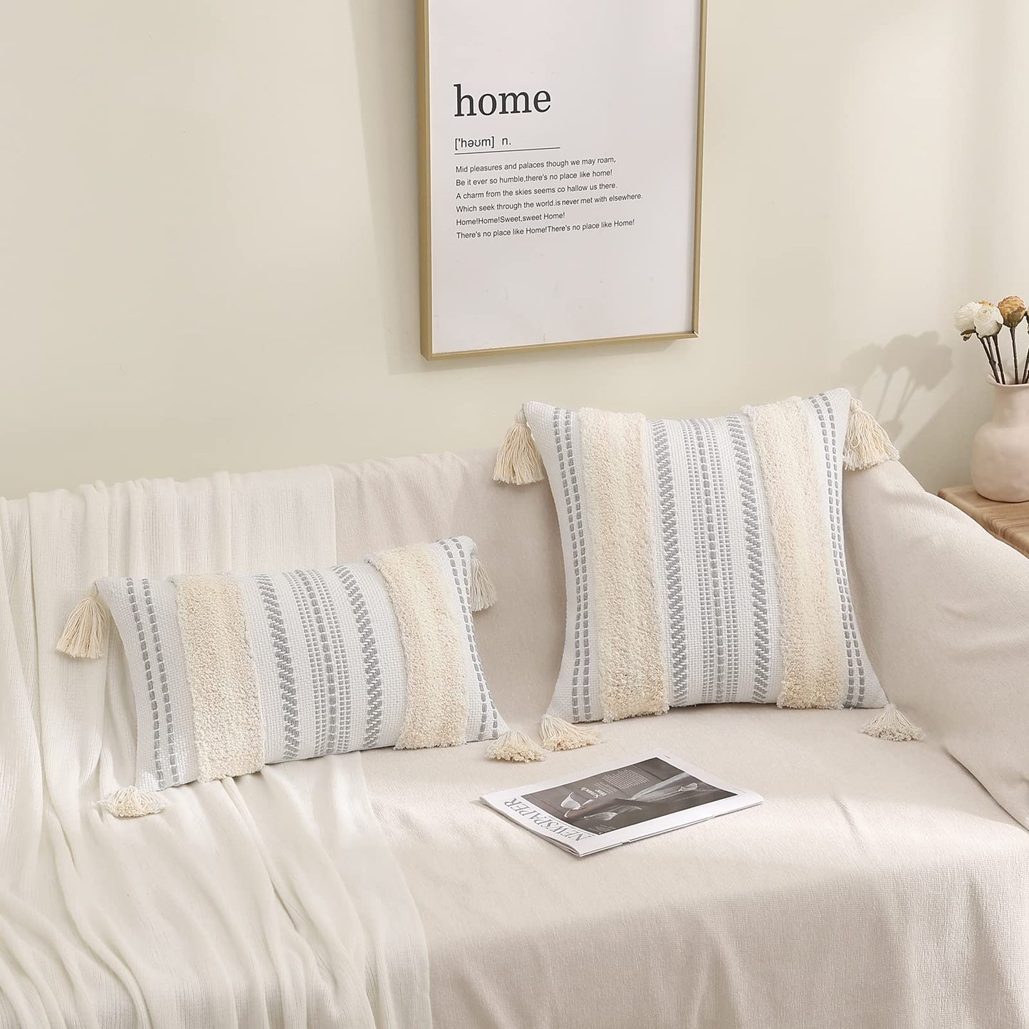 decorUhome Decorative Boho Throw Pillow Cover 12x20, Lumbar Accent Neutral Textured Tufted Pillow Cover Striped for Couch Bed Sofa, Beige and Cream White, Pack of 1