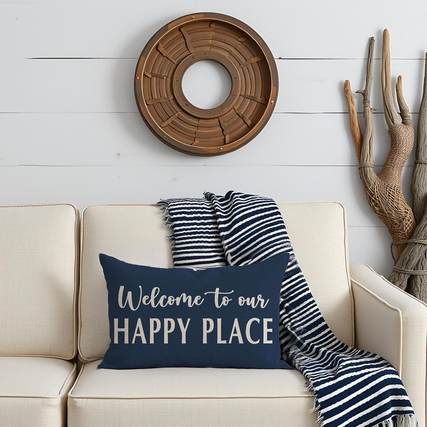 HERHOME Decorative Throw Pillow Cover 12x20 Inch Welcome to Our Happy Place Blue Outdoor Farmhouse Coastal Front Porch Patio Decor Lumbar Cushion Case Decoration for Living Room Sofa Couch