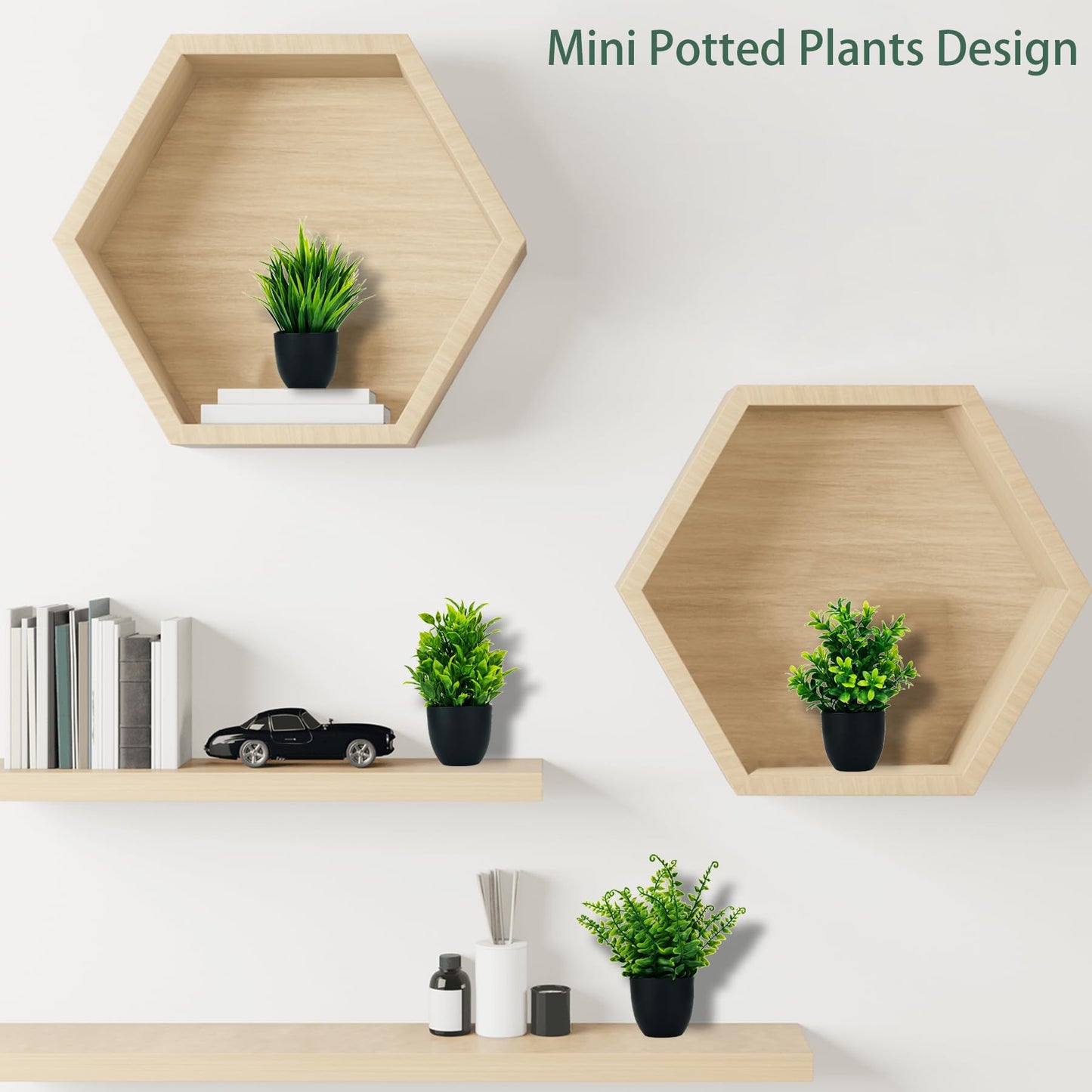 DCECDWD Set of 4 Fake Plants 7” Small Potted Plants Artificial Plants Indoor Mini Greenery Plants for Indoor Decor Home Shelf Office Decor, Compact Black Pot