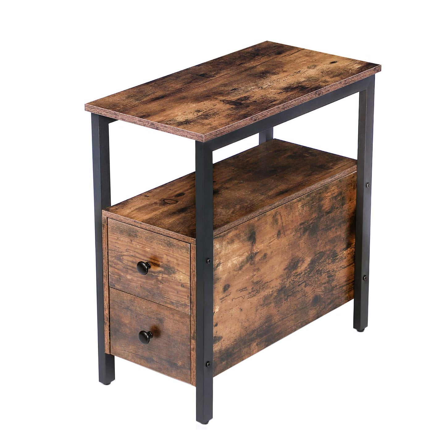 HOOBRO End Table, Narrow Chairside Table with Drawer and Open Storage Shelf, Nightstand for Small Spaces, Stable and Sturdy Construction, Wood Look Accent Furniture, Rustic Brown and Black BF548BZ01G2