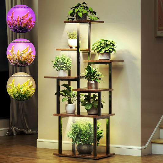 TC-HOMENY Plant Stand Indoor with Grow Lights, 7 Tiered Metal Plant Shelf, 45" Tall Irregular Plant Stand for Indoor Plants, Plants Flower Holder, Plant Shelf Display Rack for Patio, Living Room