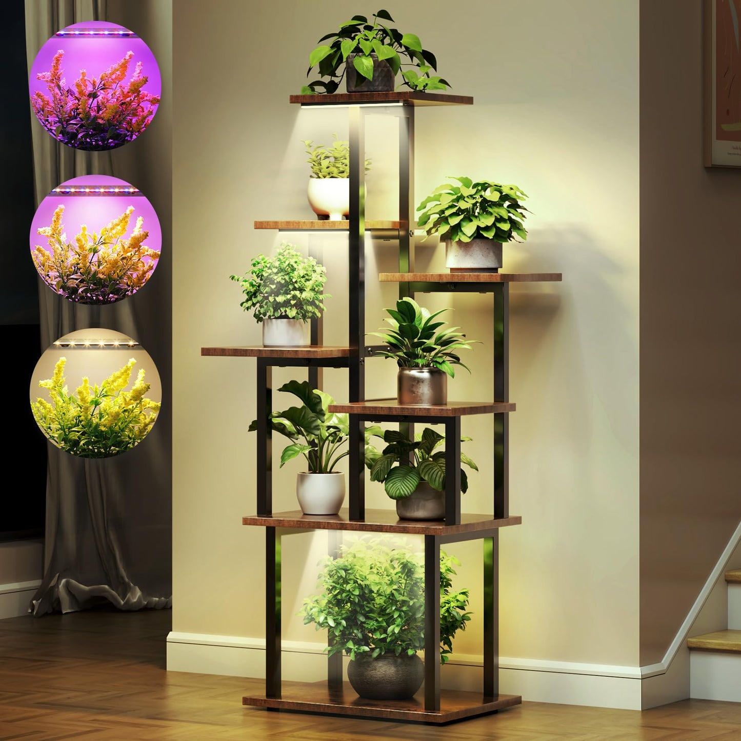 TC-HOMENY Plant Stand Indoor with Grow Lights, 7 Tiered Metal Plant Shelf, 45" Tall Irregular Plant Stand for Indoor Plants, Plants Flower Holder, Plant Shelf Display Rack for Patio, Living Room