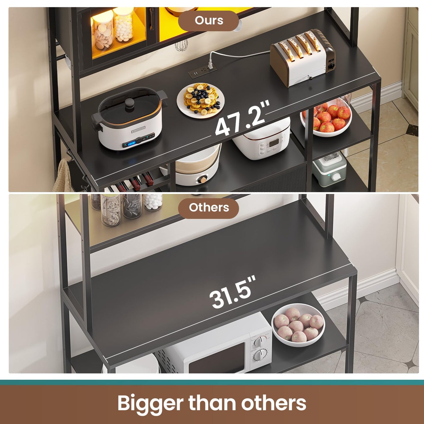 Itaar 47.2 Inch Coffee Bar Cabinet with Power Outlet, Farmhouse Bakers Rack with Storage, Kitchen Microwave Stand with Wine Rack, LED Light, Glass Cabinet, Goblet Holder and 12 Hooks (Black)