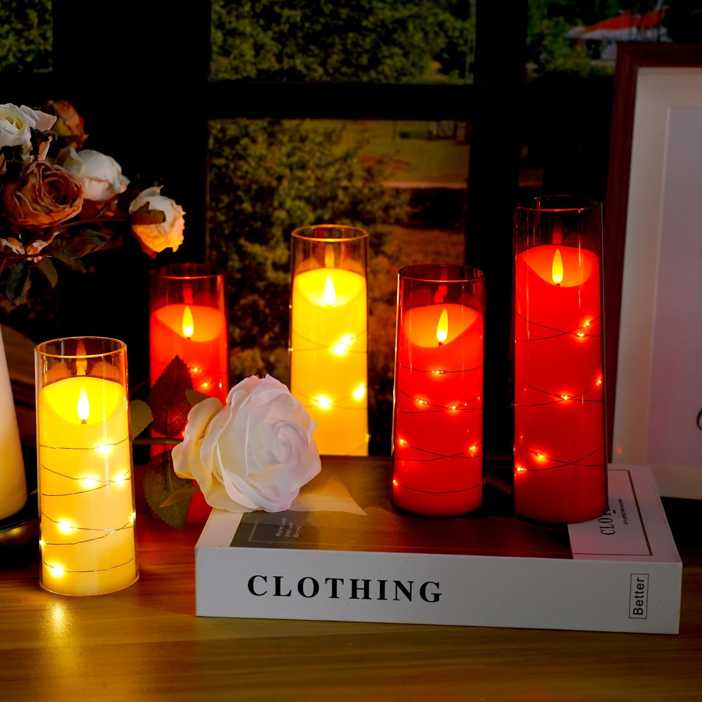 Flameless Candles,with Embedded Star String, Battery Operated Candles Flickering LED Candles with Remote Control and Timer, for Home Decoration Creating an Atmosphere，Set of 5 (Red)