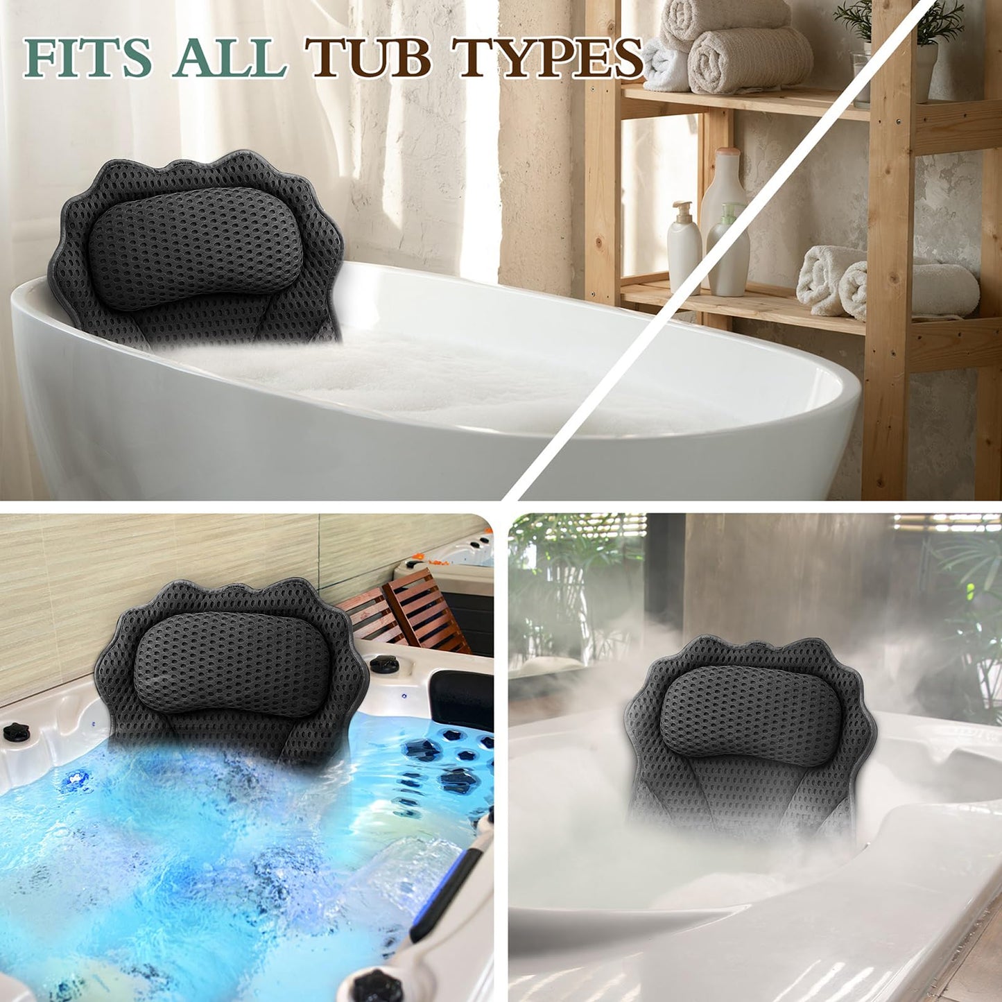 Bath Pillow RUVINCE Ergonomic Luxury Bathtub Pillow with Head,Neck, Shoulder and Back Support, 4D Bath Pillows for tub with 6 Powerful Suction Cups, Fits All Bathtub, Spa Tub, Hot Jacuzzi (Black)