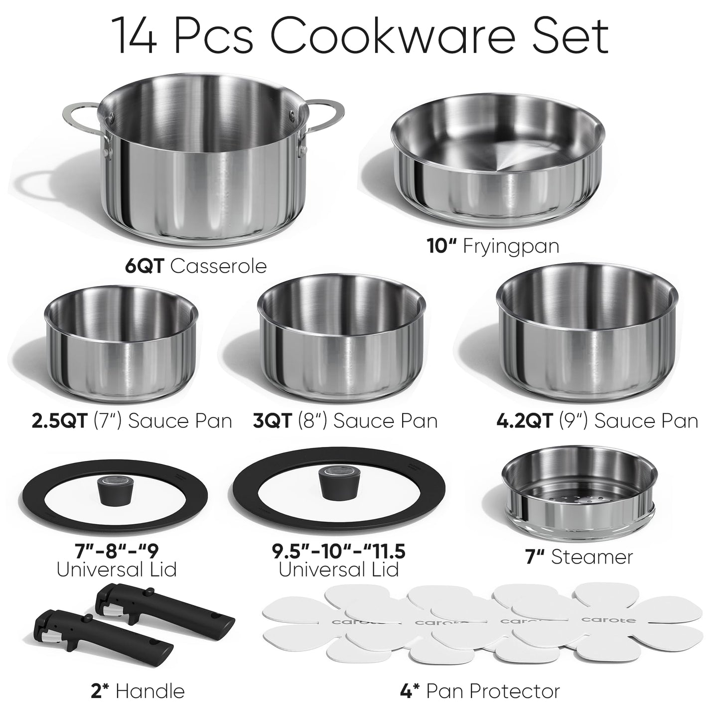 CAROTE 14pcs Pots and Pans Set, Stainless Steel Cookware Set Detachable Handle, Induction Kitchen Cookware Sets with Removable Handle, RV Cookware Set, Oven Safe, Camping Cookware, Black