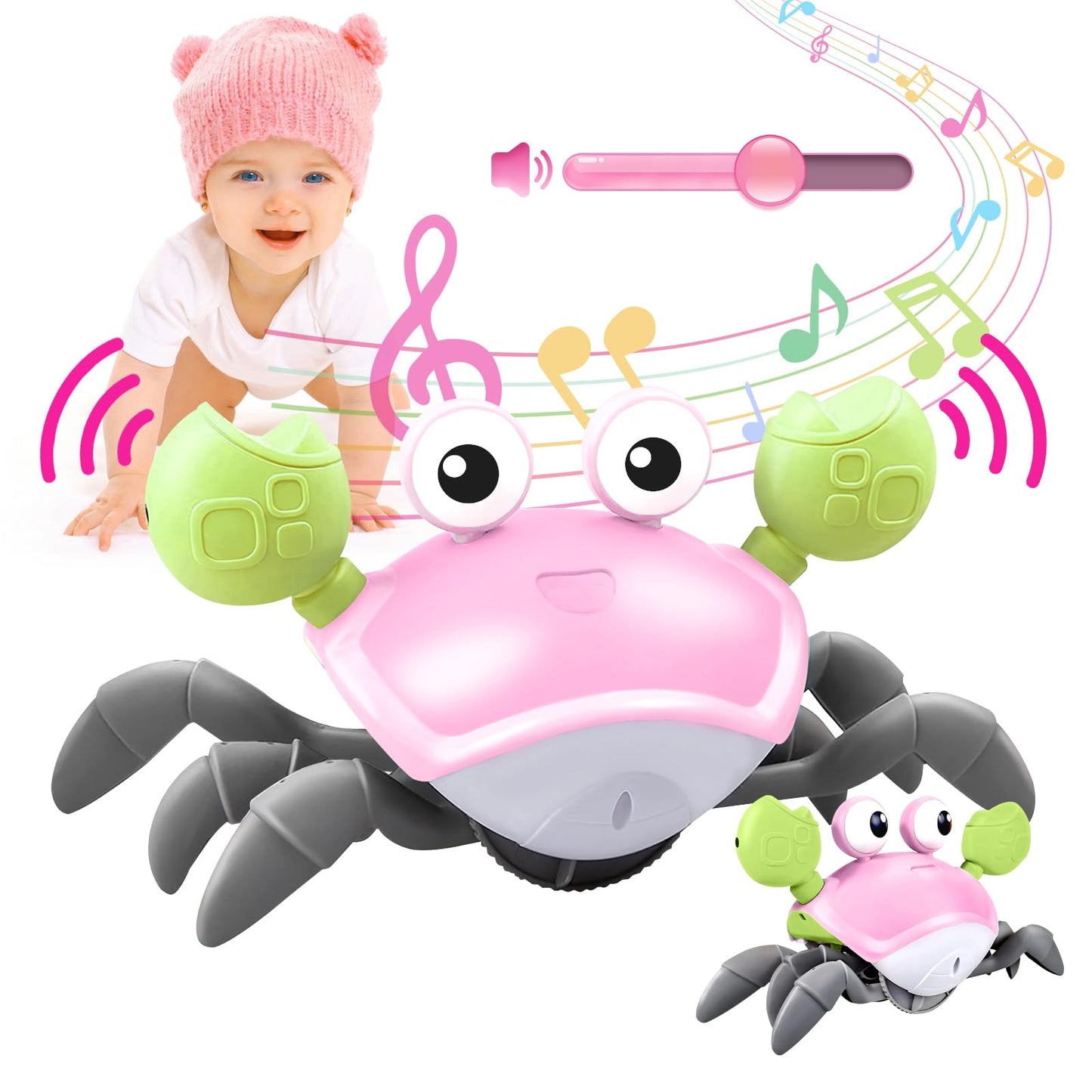 Crawling Crab Baby Toy - Tummy Time Toys - with Music and LED Light,Built-in Rechargeable Battery and Volume Can be Turned Off for 0-6 6-12 12-18 36 Months Walking Toddler Birthday Gift(Pink)