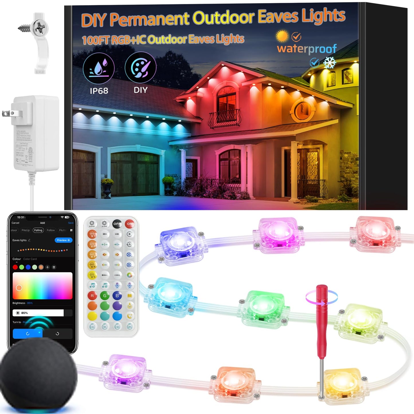 100FT IP68 WiFi DIY Design Themable for Football Permanent Outdoor Light,Arbitrary Trimming Smart RGB+IC Waterproof LED Eaves Lights for Christmas Decorations,Compatible with Alexa,Google Assistant
