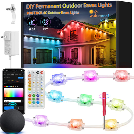 100FT IP68 WiFi DIY Design Themable for Football Permanent Outdoor Light,Arbitrary Trimming Smart RGB+IC Waterproof LED Eaves Lights for Christmas Decorations,Compatible with Alexa,Google Assistant