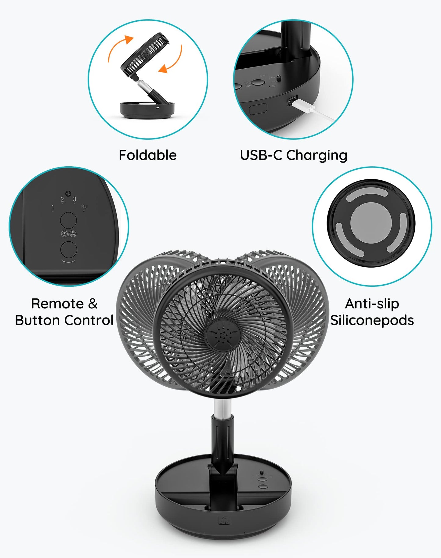Primevolve Portable Oscillating Standing Fan,Rechargeable Battery Operated USB Floor Table Desk Fan with Remote, Bedroom Camping Travel Fans Black 7.7"