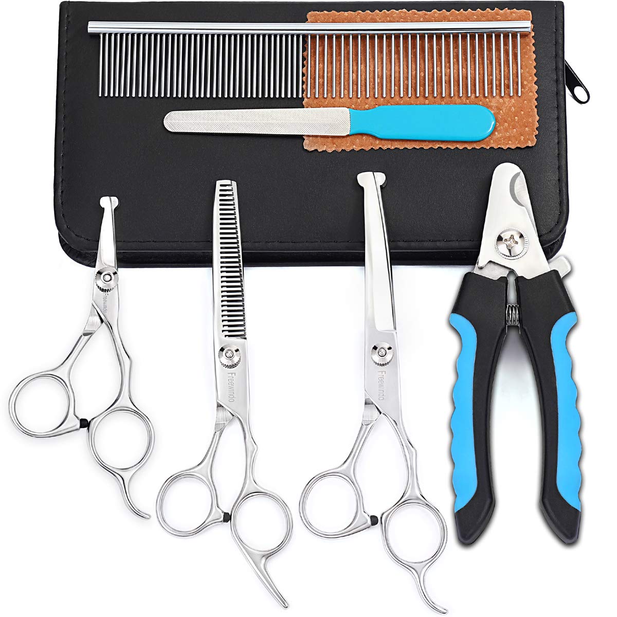 Freewindo Dog Grooming Scissors Kit, Safety Round Tip, Heavy Duty Stainless Steel Dog Scissors and Dog Nail Clippers for Grooming Full Body