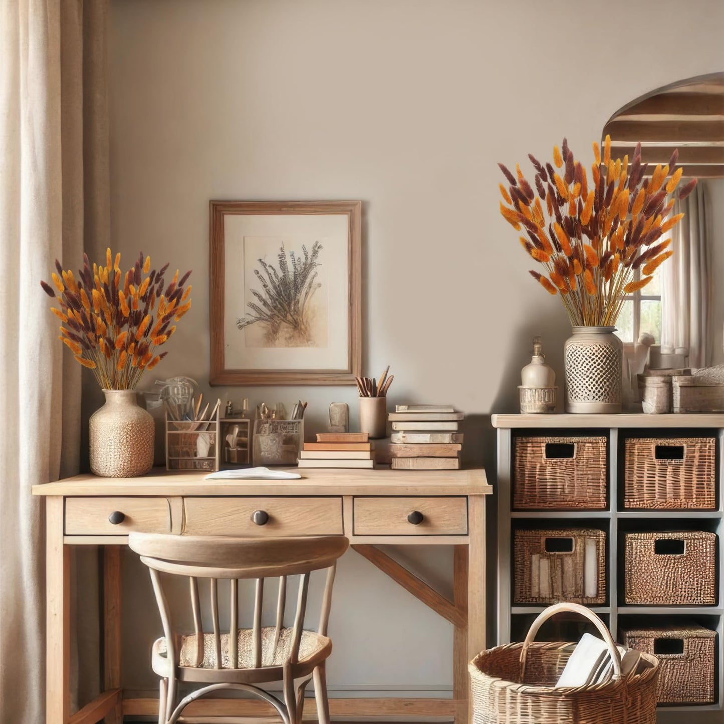 CISDUEO 120pcs Dried Bunny Tails Flowers Lagurus Ovatus Tail Dried Flowers Pampas Grass Brown and Orange 17" Natural Dried Floral Arrangement for Boho Decor Home Wedding DIY Farmhouse Table Christmas