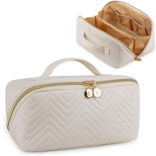 Makeup Bag Cosmetic Bag, Large Capacity Travel Makeup Bag for Women with Portable Pouch Open Flat Water-resistant Toiletry Organizer Bag with Handle Divider(Blue)