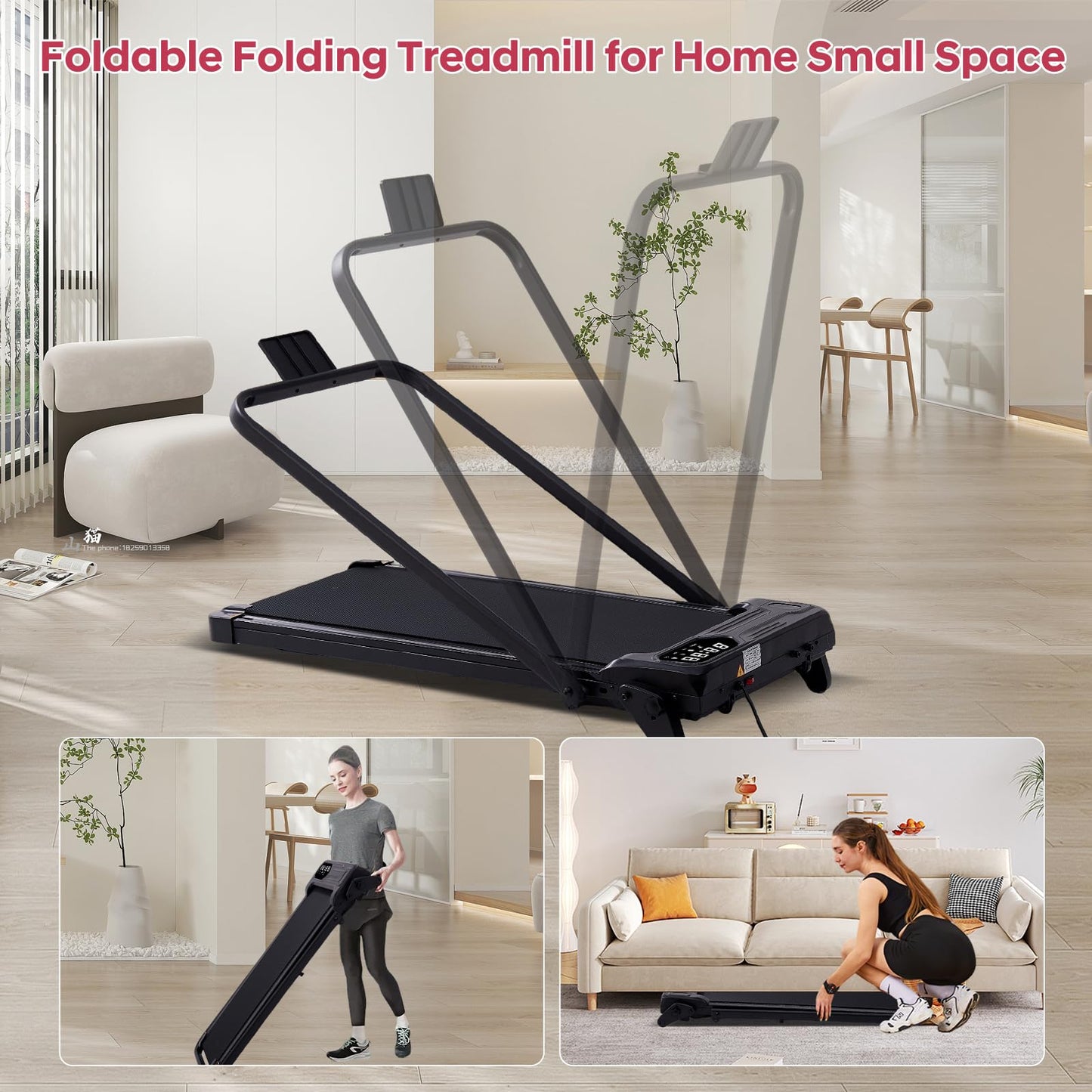 Foldable Walking Pad Treadmill with 12% Adjustable Incline and Handle Bar, 3.5HP Portable Folding Treadmills for Home Small, 4 in 1 Under The Desk Electric Treadmill with Handles, 0.6-7.6MPH, 350LBS