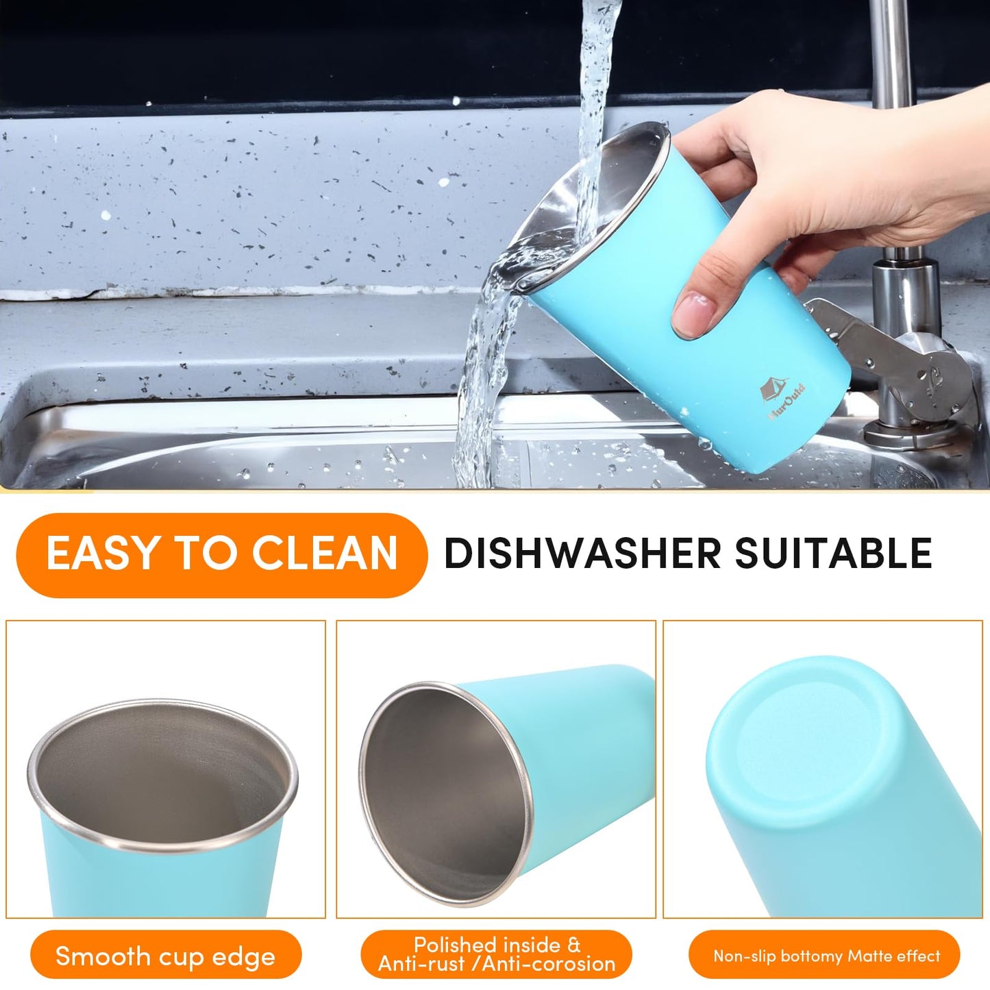 HurOutd 4 Pack Stainless Steel Cups 16oz - Colorful Stackable Metal Drinking Glasses for Camping, Travel, Shatterproof Tumblers