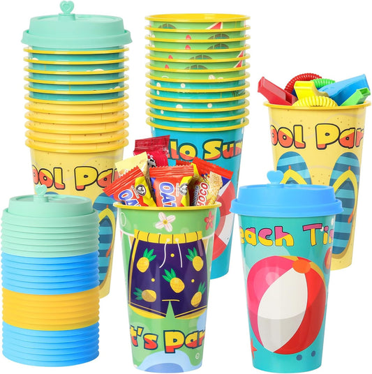 Beach Party Favors Goodie Cups, 24 Pack Birthday Party Cups in 4 Designs, 16OZ Reusable Beach Ball Pool Summer Plastic Party Supplies Decorations Cups with Lids Plugs for Kids Baby Shower
