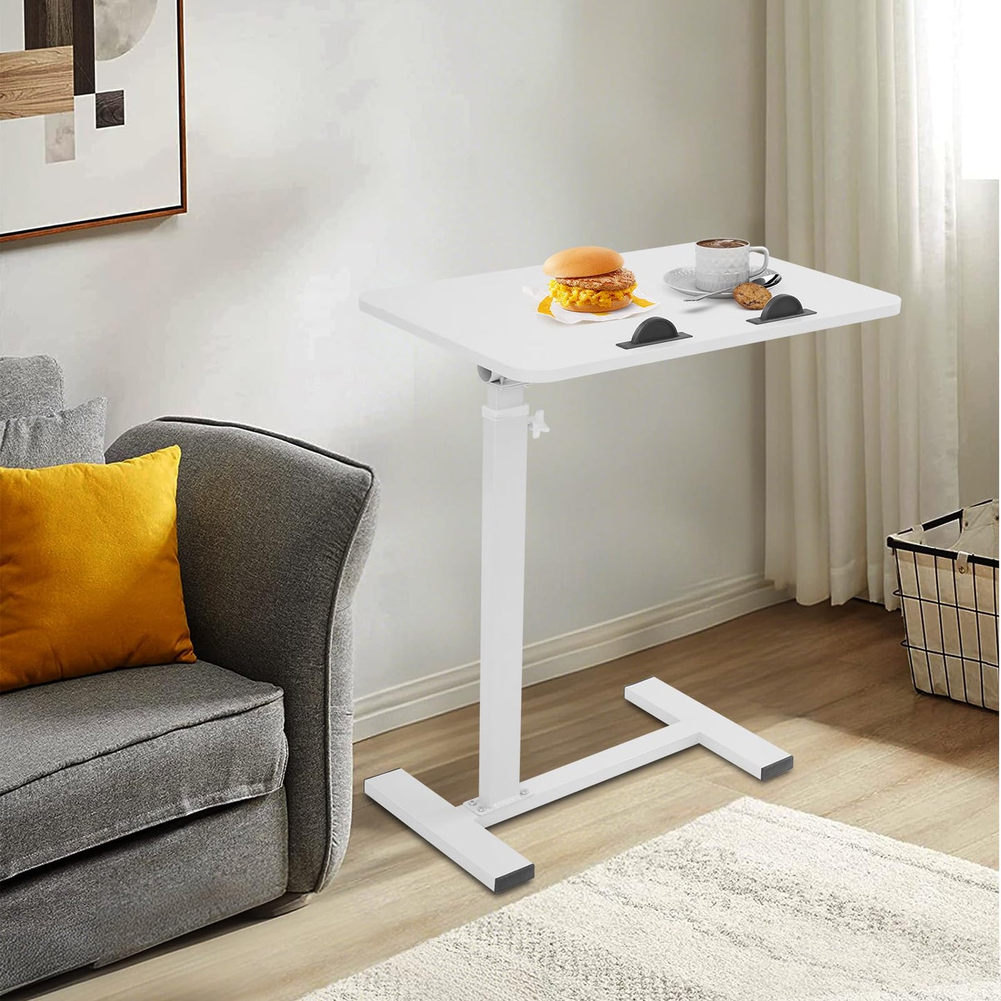 Adjustable Overbed Side Table with Wheels, C Shaped Laptop Desk, Mobile Standing Computer Tray Tables, Rolling 180°Swivel Top Flip Laptop Stand Table for Sofa and Bed, Home Office Use (White)