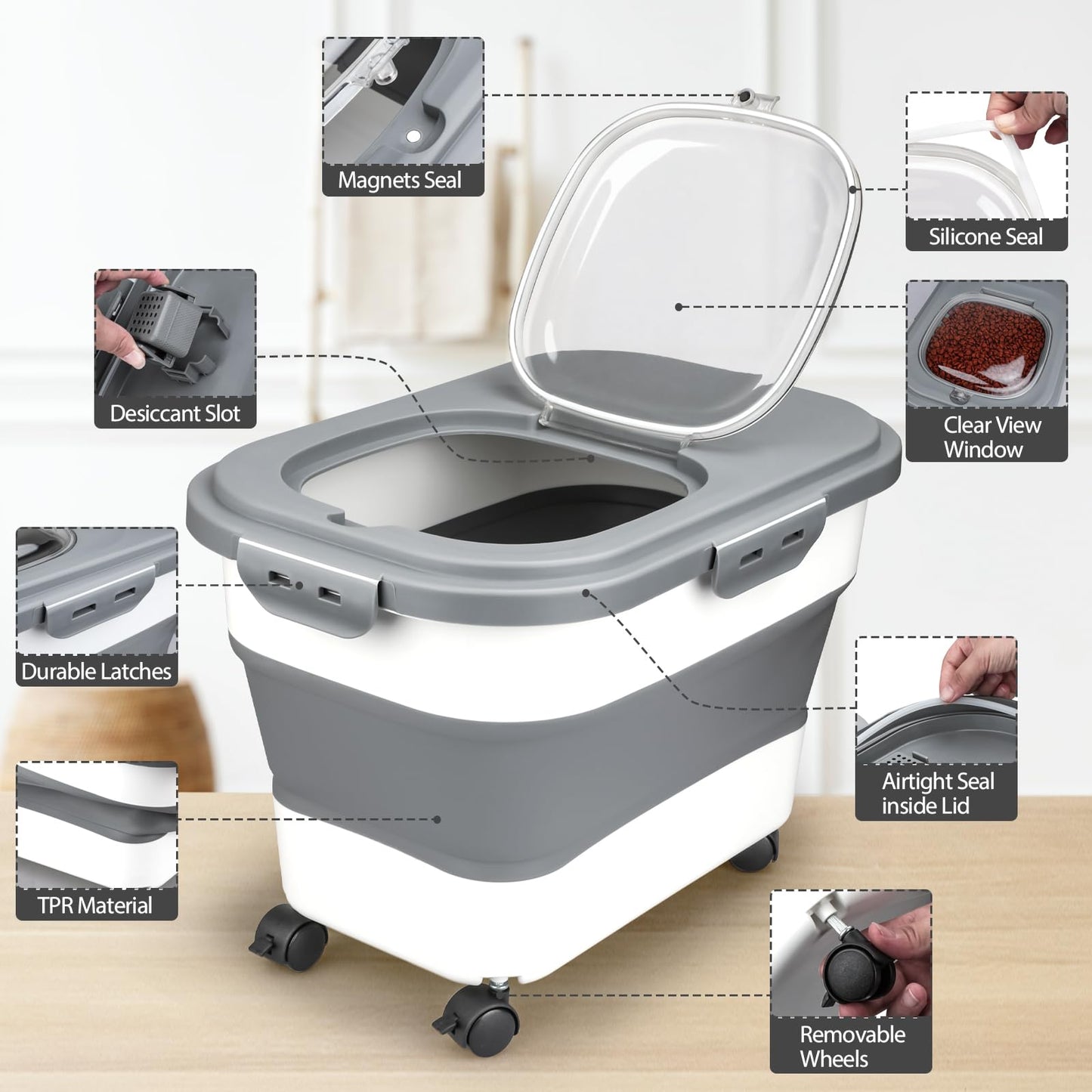 Viretec Dog Food Storage Container, 5-20Lbs Collapsible Pet Food Storage Containers with Rolling Wheel Airtight Locking Lid, Dry Food Storage Bin with Cup and Scoop,Suitable for Pet Food, Rice, Flour