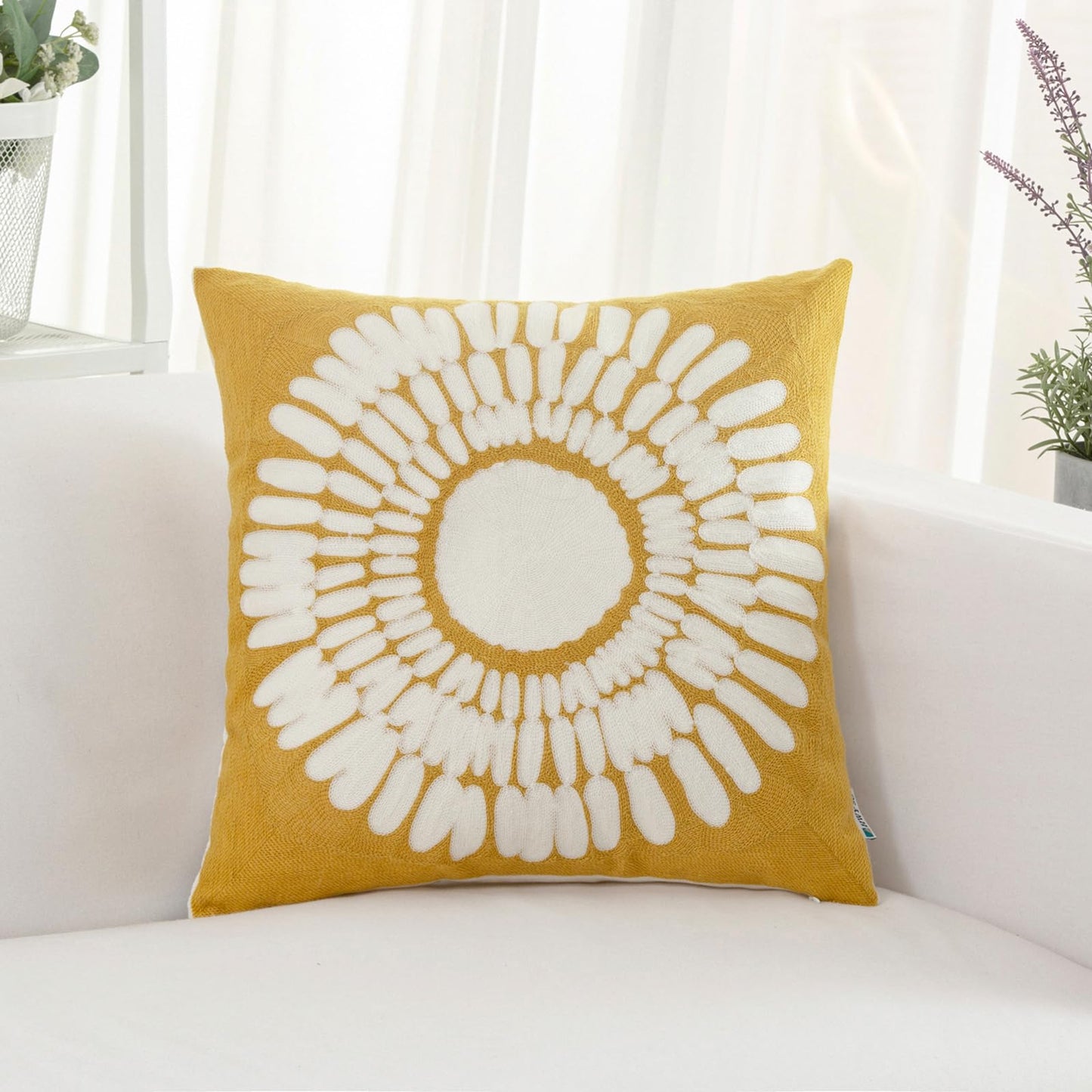 HWY 50 Mustard Yellow Decorative Throw Pillow Covers 18x18 Inch (1 Piece), Embroidered Cotton Modern Farmhouse Cushion Cover Pillow Case for Sofa Couch Living Room Bed, Sunflower