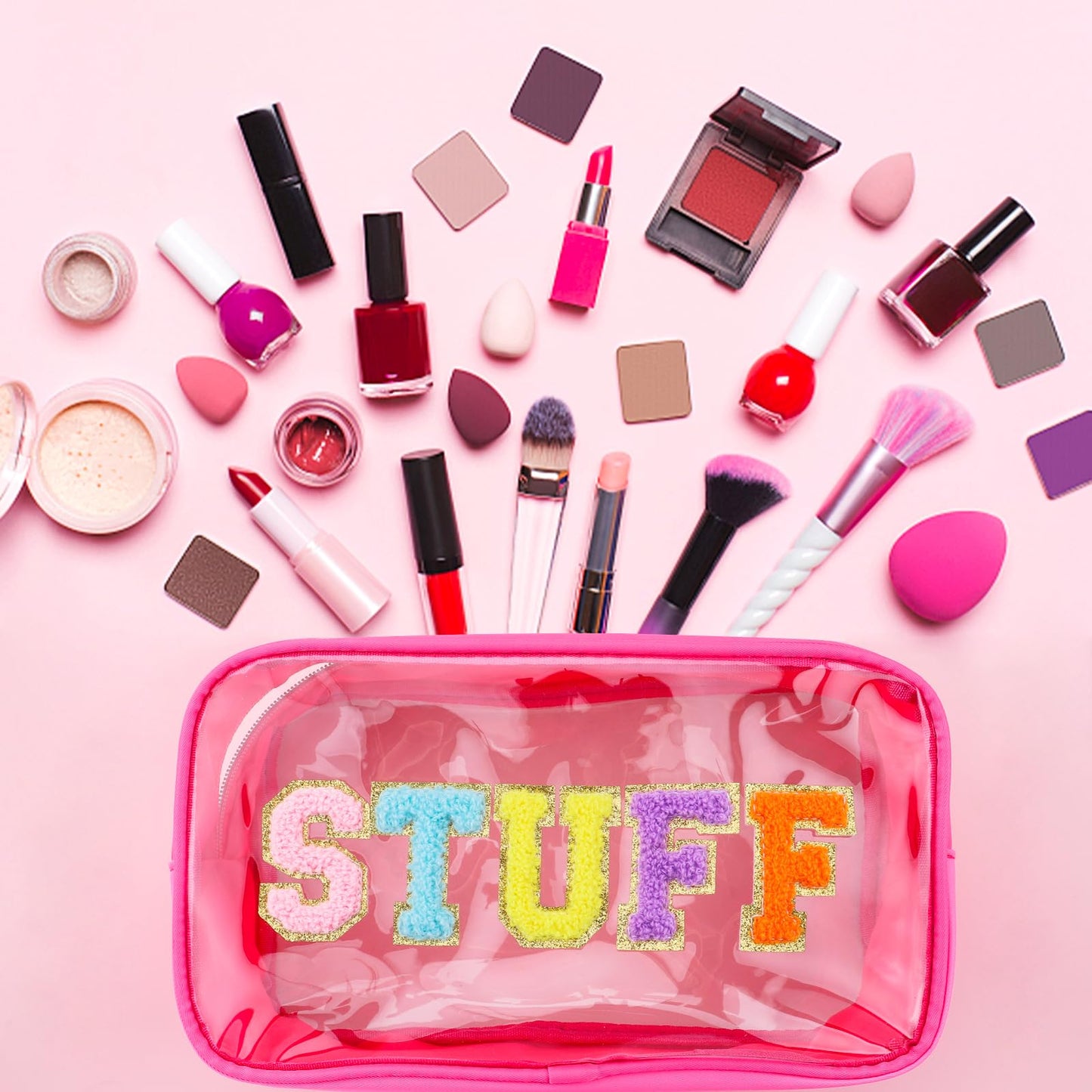 Moncinday Preppy Patch STUFF Makeup Bag Chenille Letter Cosmetic Bag for Women, Transparent PVC Zipper Patch Bags Organizer Waterproof Portable Travel Makeup Bag for Women Girls Teens (Pink)