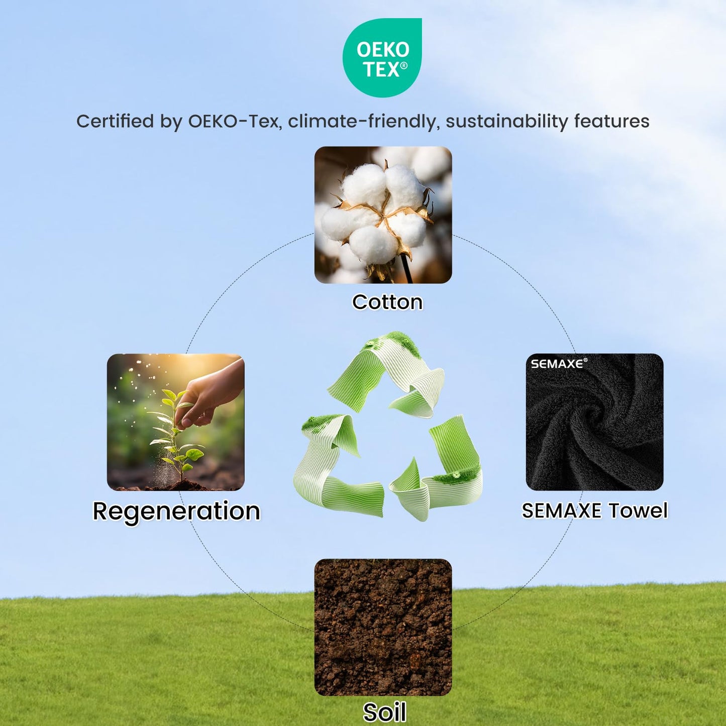 SEMAXE Solid 6-Piece Towel Set, Black, 600GSM 100% Cotton, 2 Each of Bath Towel, Hand Towel, and Washcloths, Gift Box Packaging, Hanging Loop Design