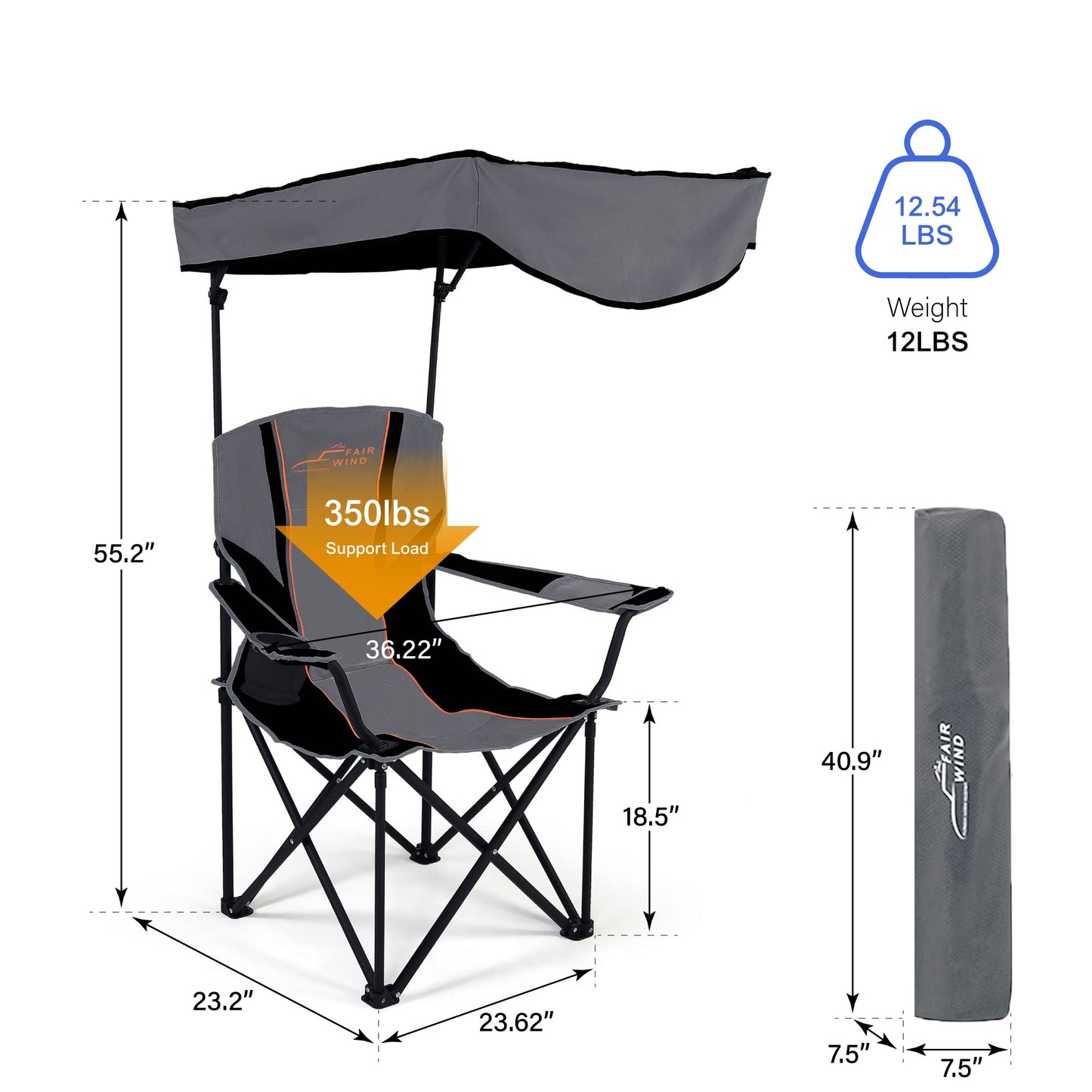 FAIR WIND Oversized Camping Lounge Chair with Adjustable Shade Canopy, Heavy Duty Quad Fold Chair Arm Chair - Support 350 LBS (Black Grey)