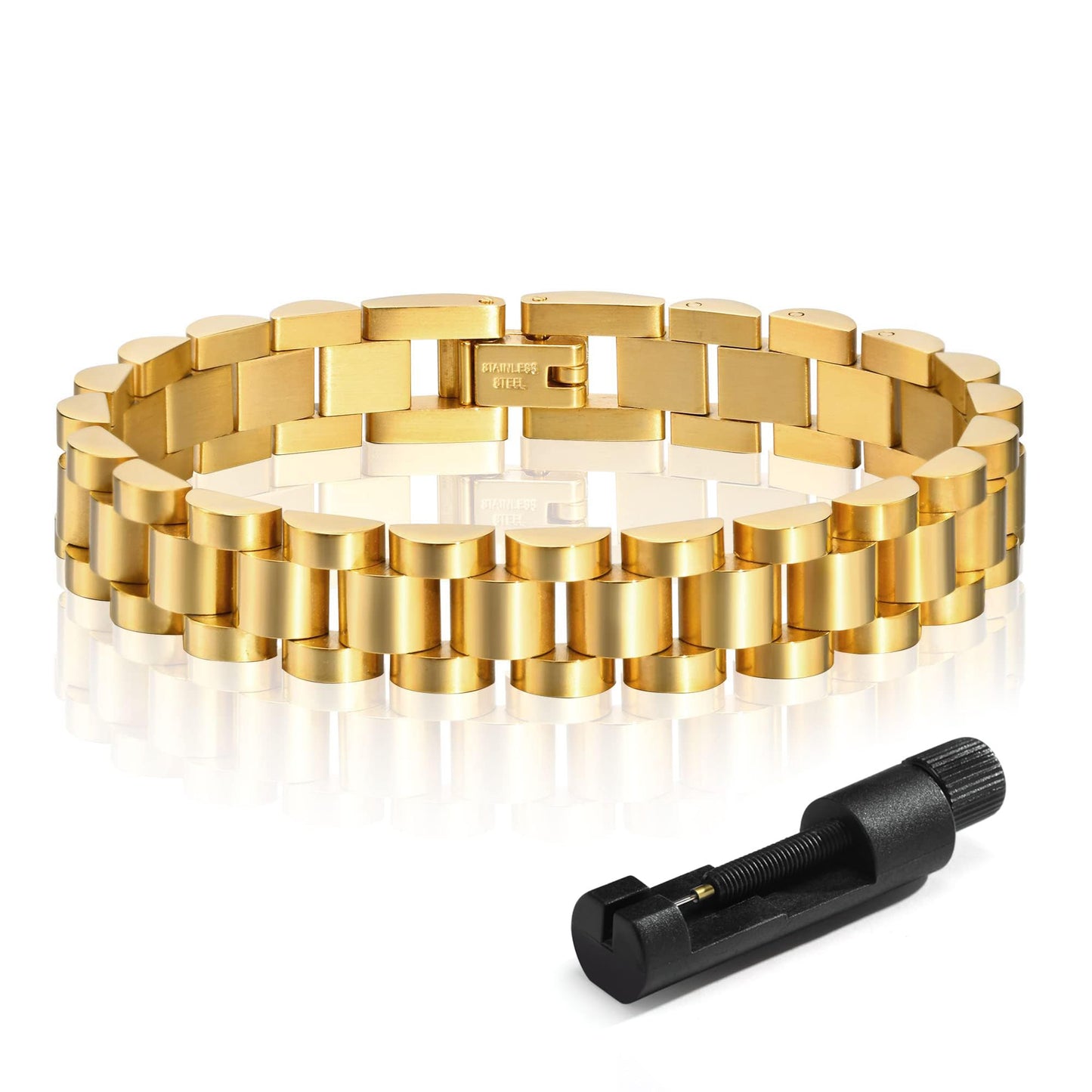 MPRAINBOW Gold Thick Link Bracelet for Women, 7 Inchs Stainless Steel Watch Band Chain Wristband Jewelry with Adjust Tool