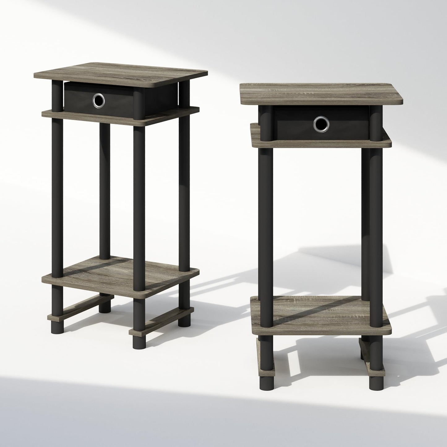 Furinno Turn-N-Tube Tall Nightstand with Bin, 2-Pack, Plastic Poles, French Oak/Black/Black