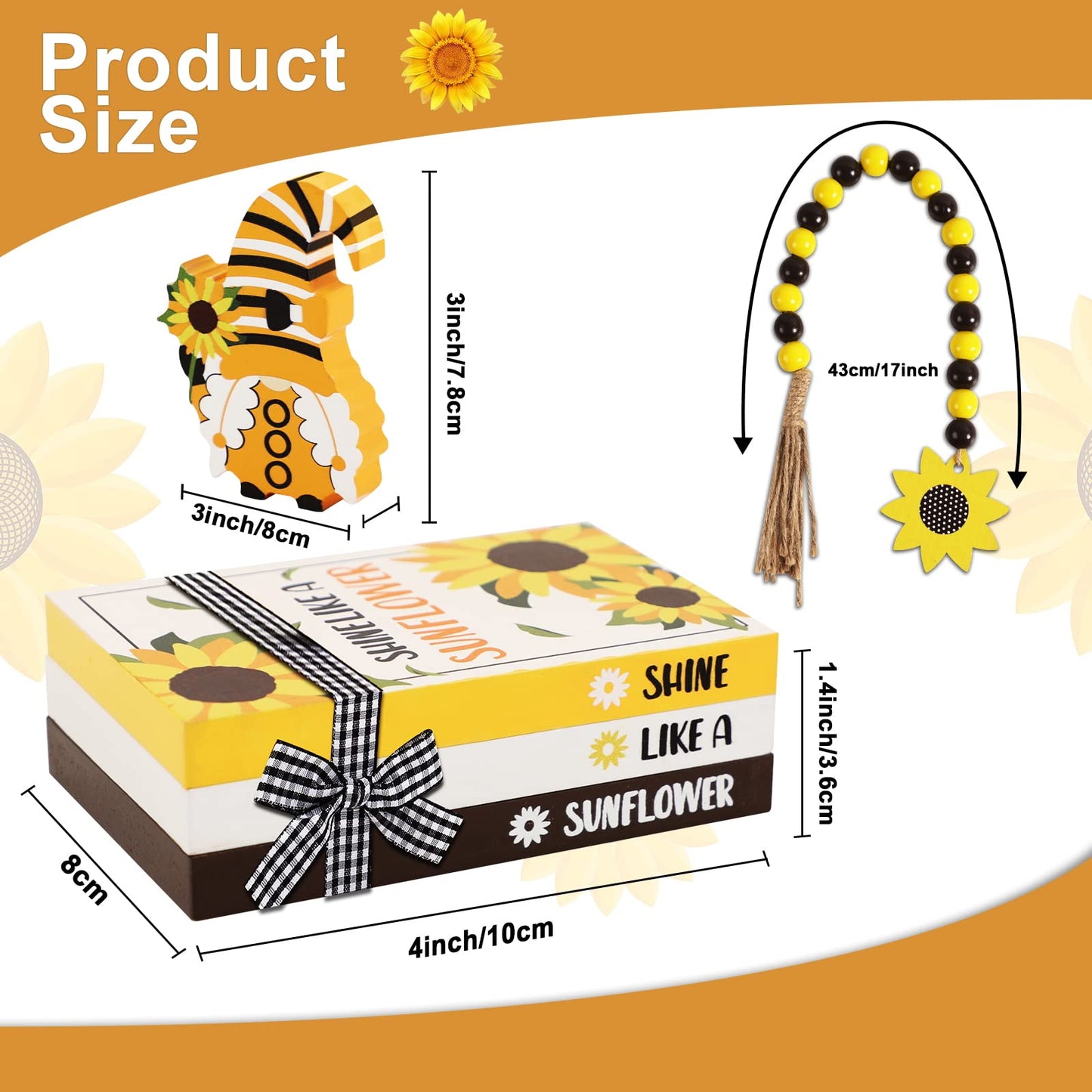 5 Pieces Sunflower Tiered Tray Decor Summer Wood Table Sign Rustic Book Stack with Gnome Wood Bead Tassels Summer Wooden Tabletop Centerpiece Shelf Decoration for Farmhouse Decor