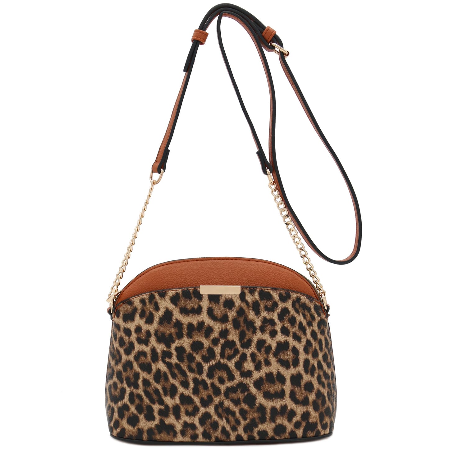 FashionPuzzle Leopard Print Small Dome Crossbody with Chain Strap (Classic Tan/Tan)