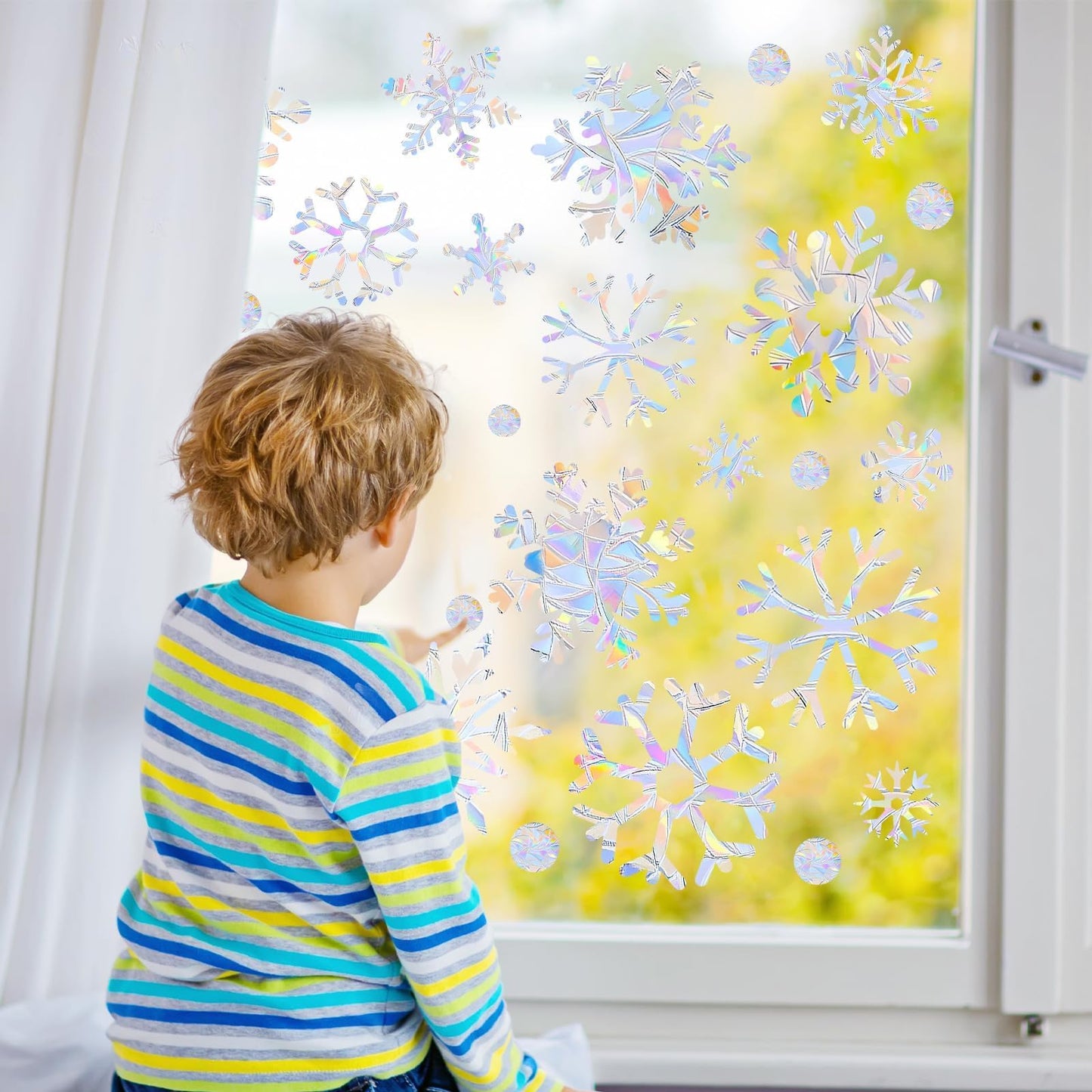 216pcs Christmas Snowflake Window Clings for Glass Windows Decorations, 8 Sheets Iridescent Static Snowflake Window Decal Stickers for Christmas Windows Decor ﻿